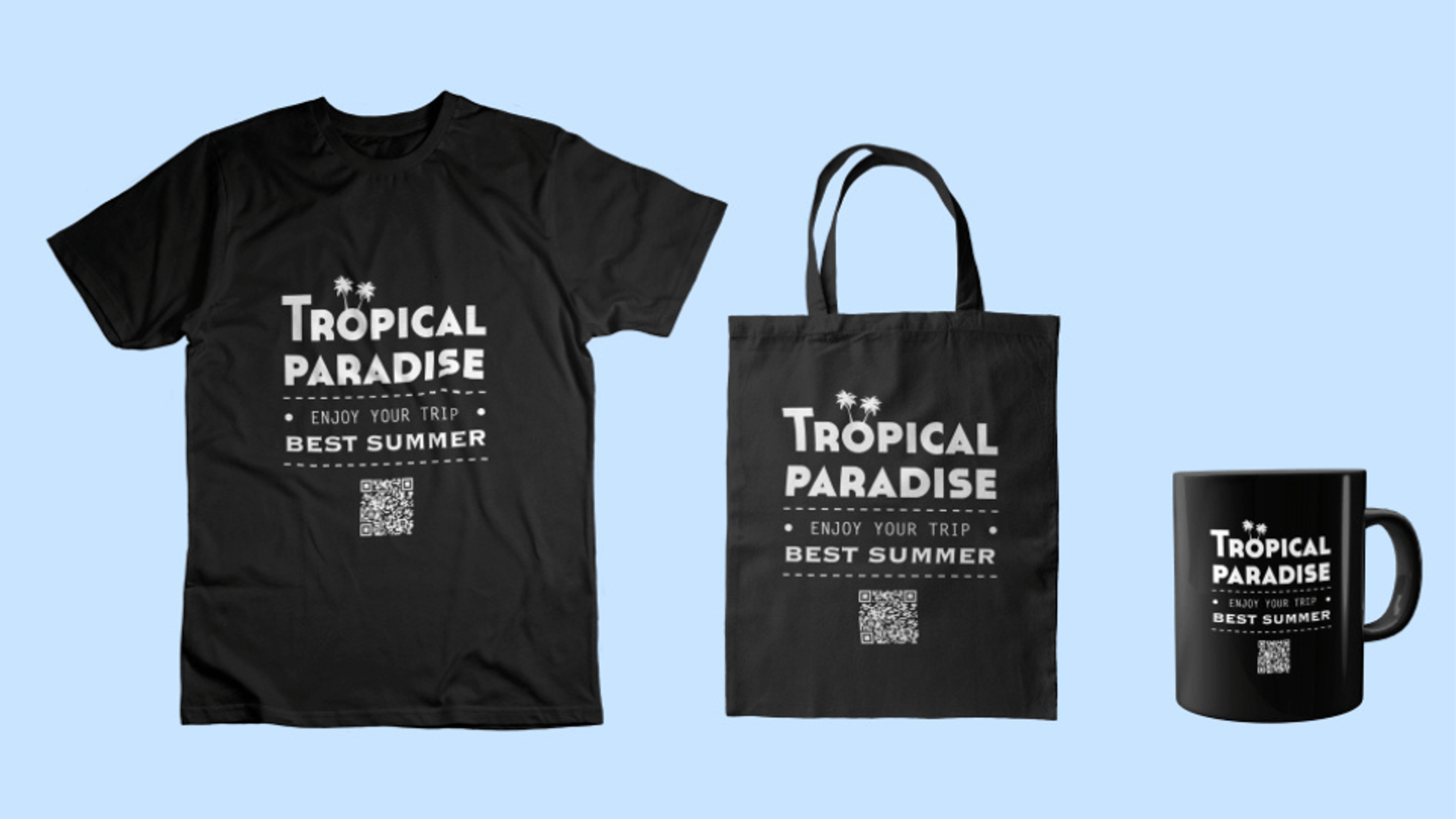 A transparent QR Code on clothes, coffee mugs and merchandise