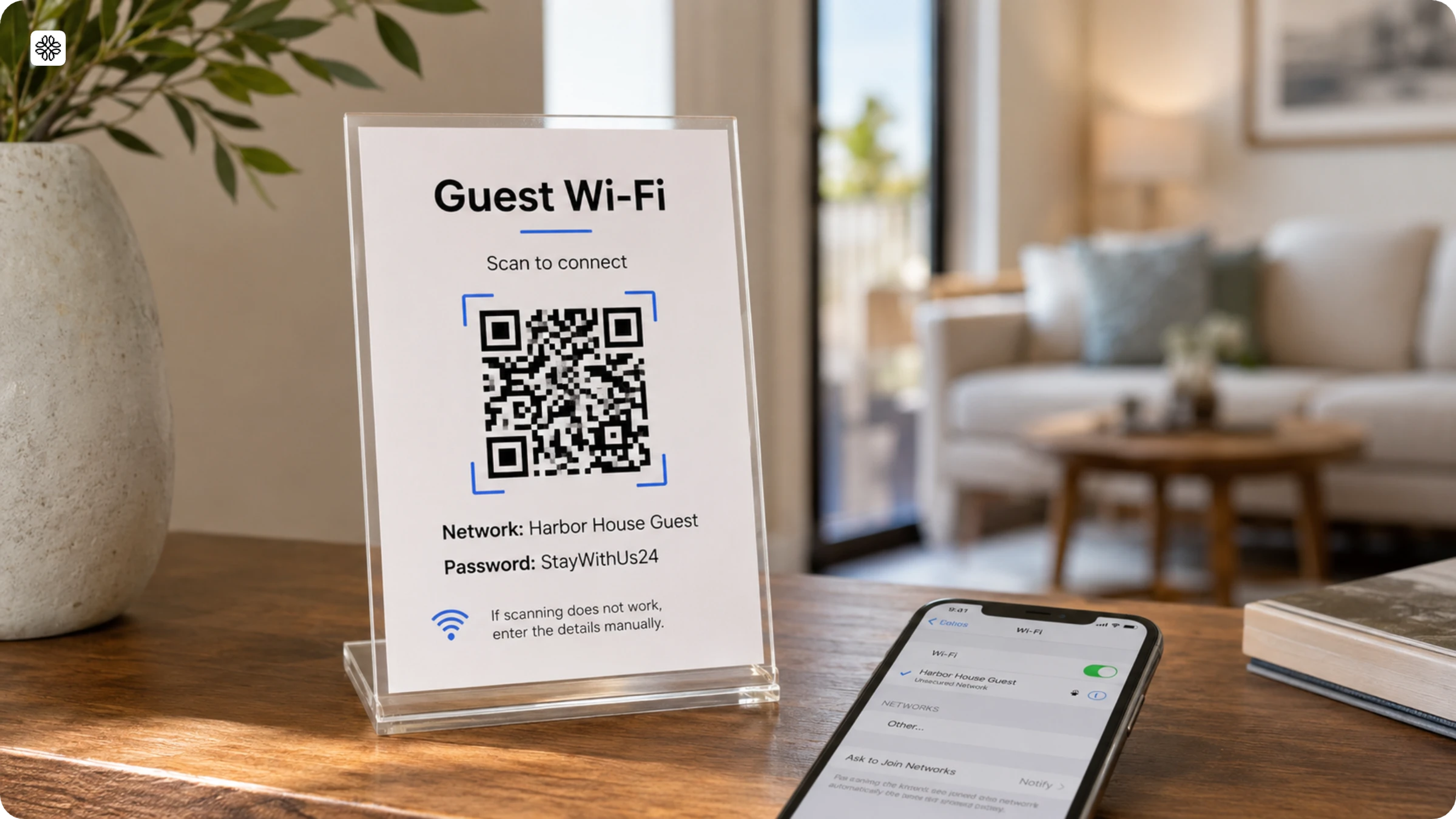 QR Code with wifi details for guests at an airbnb