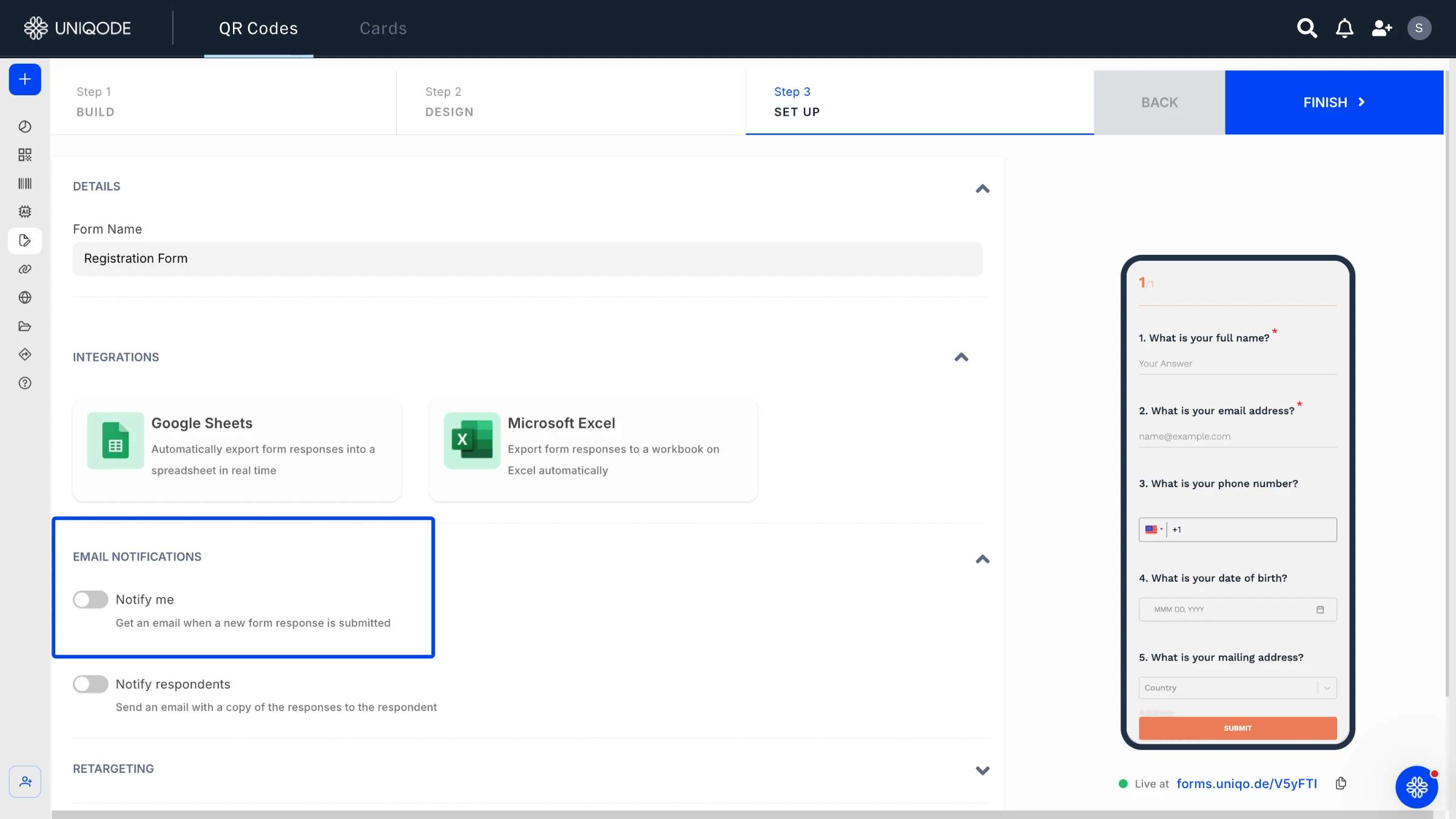 Setting up email notifications for form engagements