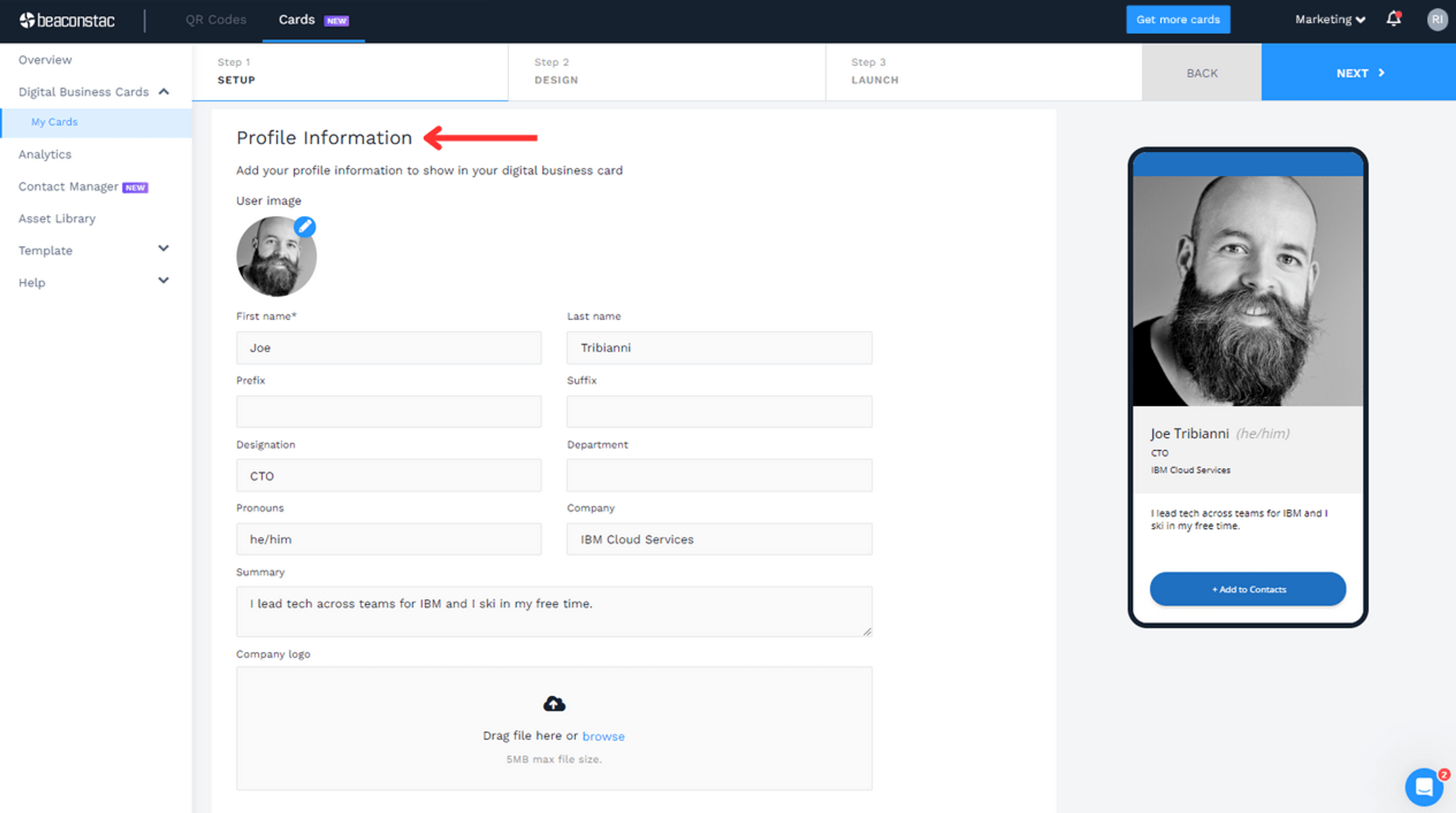 Set up your profile information—name, company name, professional summary, etc.
