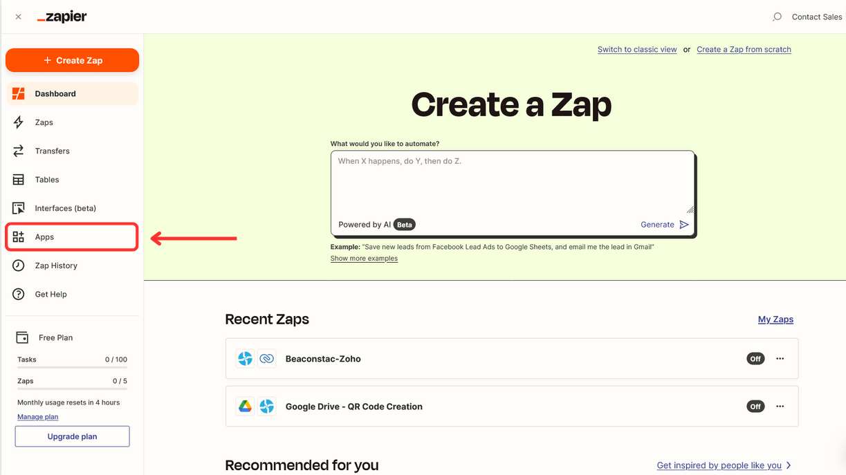 Sign in to Zapier and click Apps in the left menu