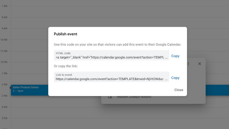 Google Calendar public event prompt for copying HTML code and URL link