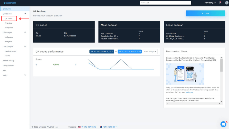 Navigate to the left panel and click ‘QR Codes’