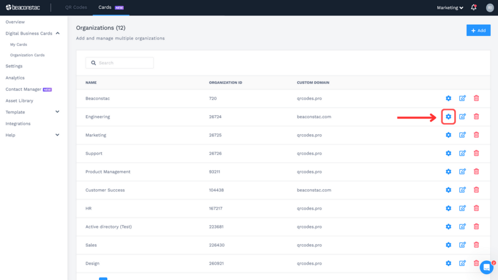 Select the team to which you want distribute digital business cards