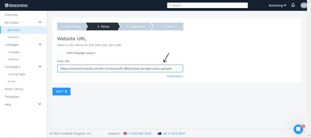 Insert the URL of the Microsoft Forms in the field provided