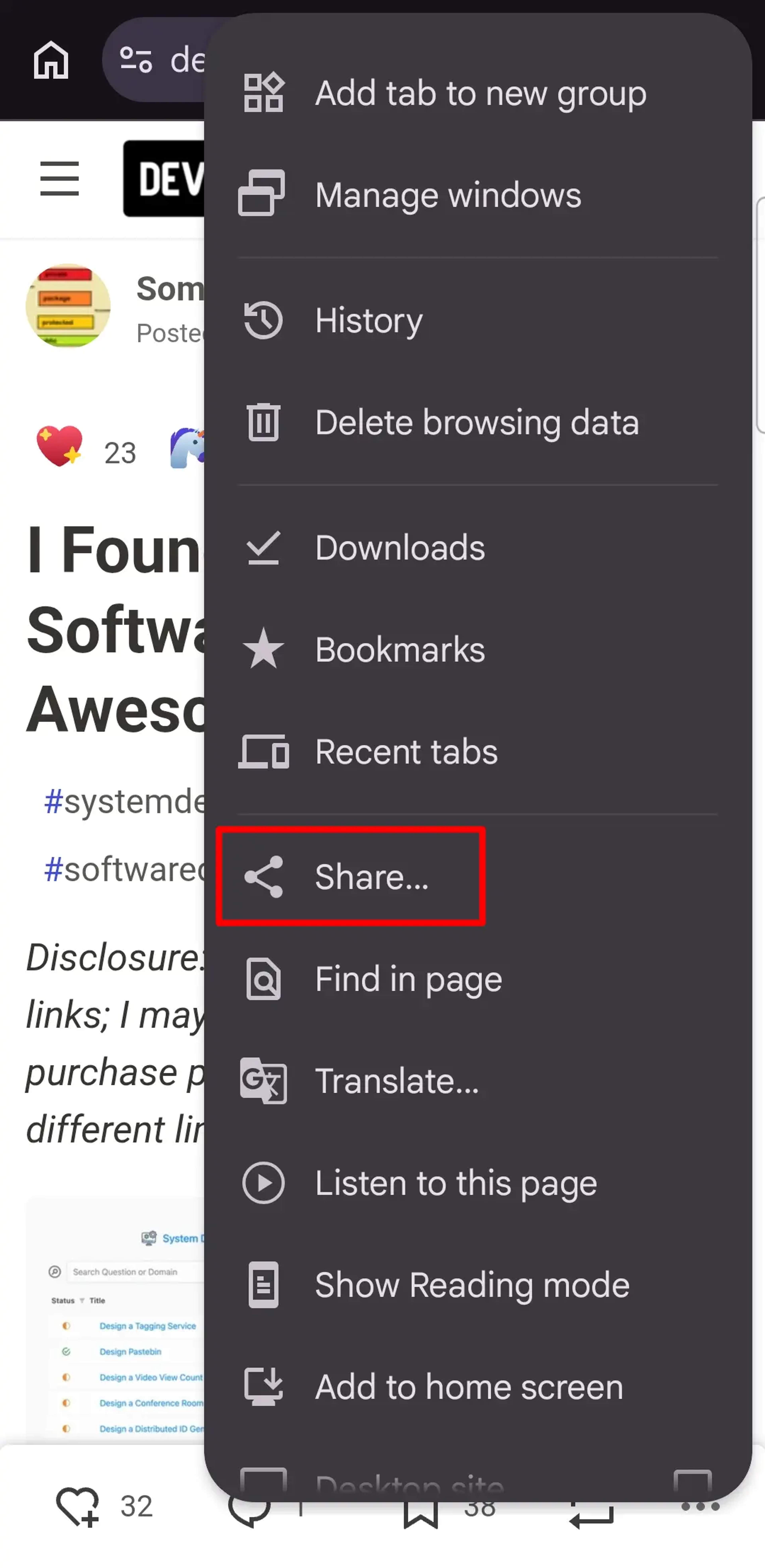 Chrome mobile browser menu highlighting the Share option for creating a QR Code