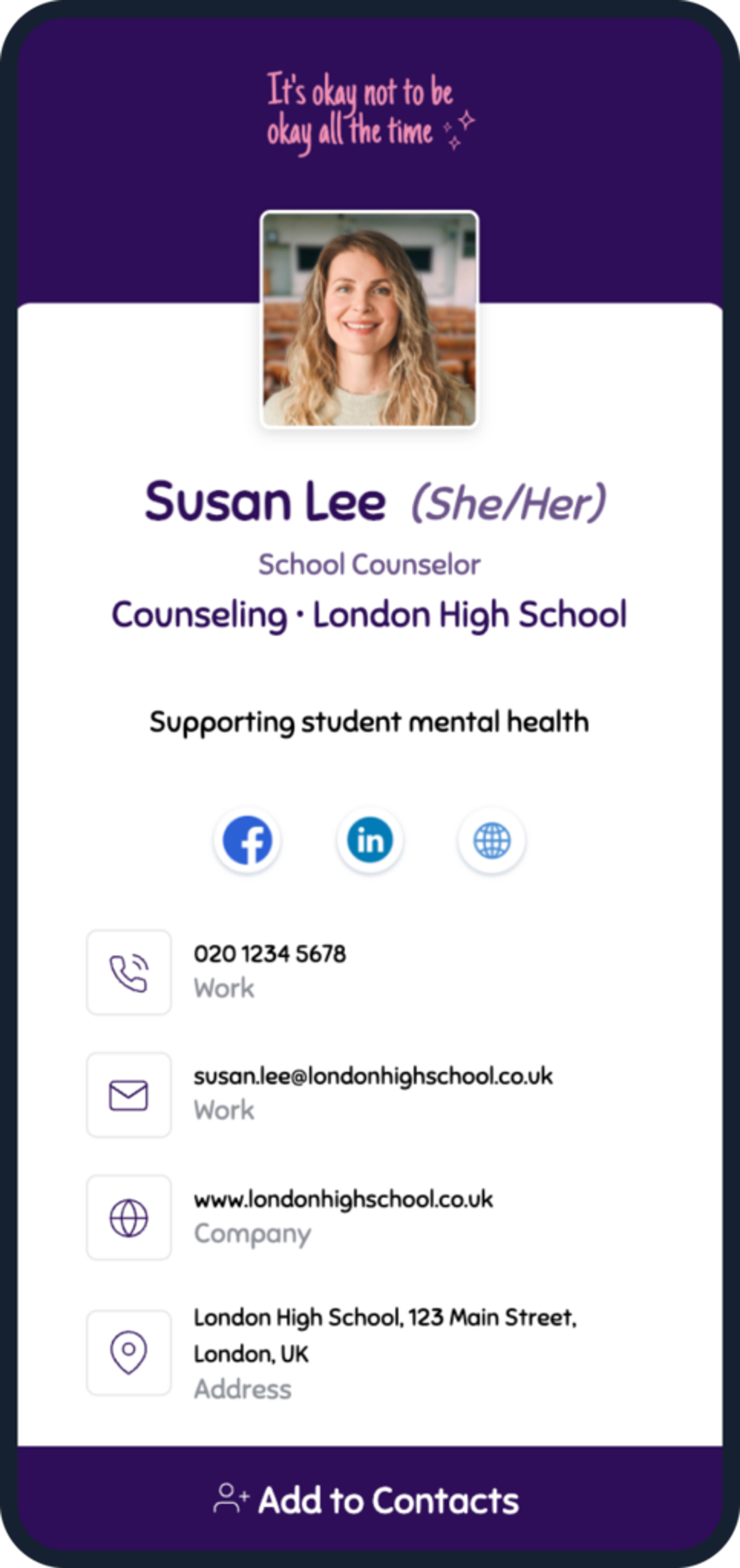 Template for educational professionals’ digital business card

