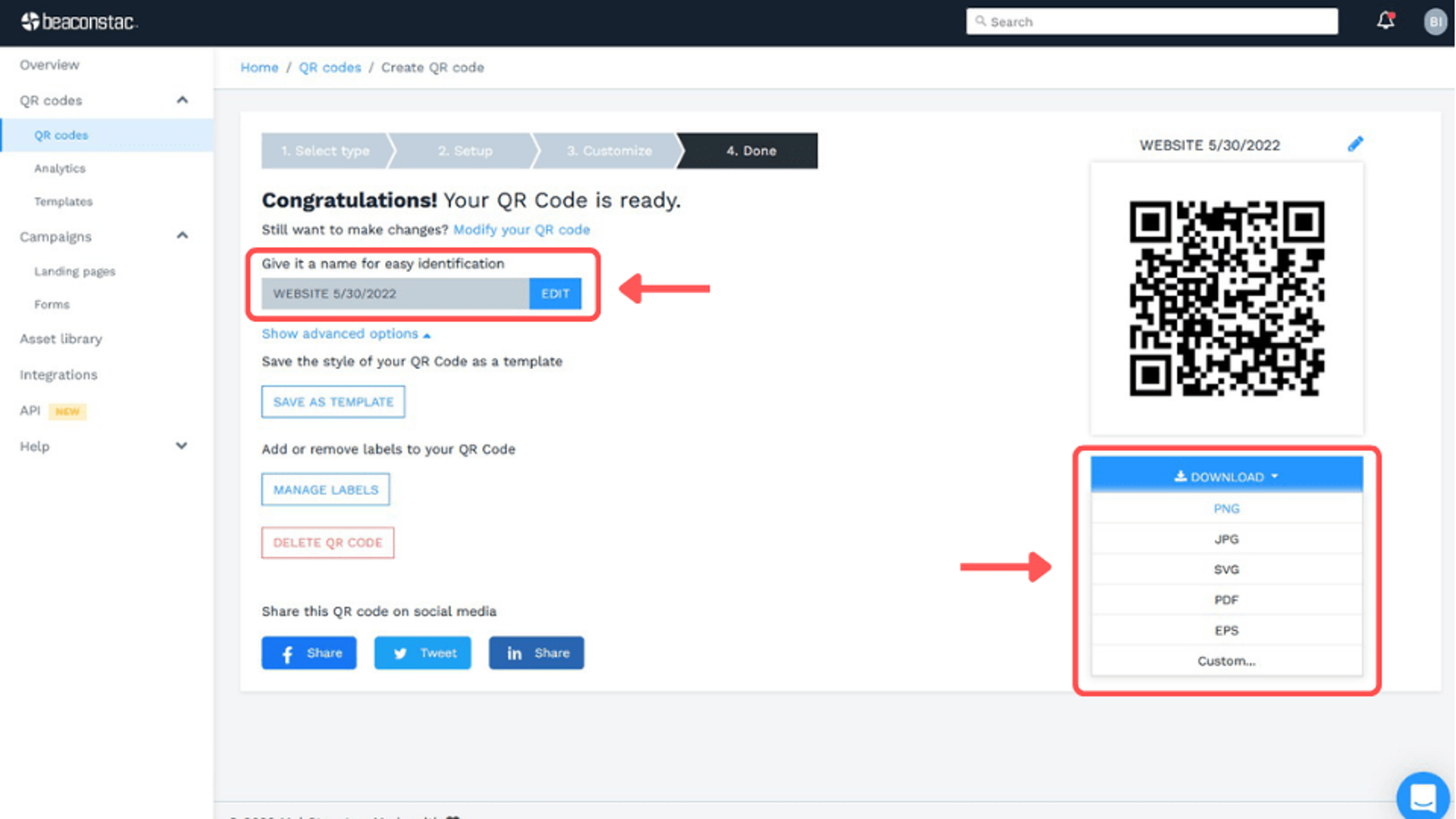 Downloading the QR Code in your preferred format