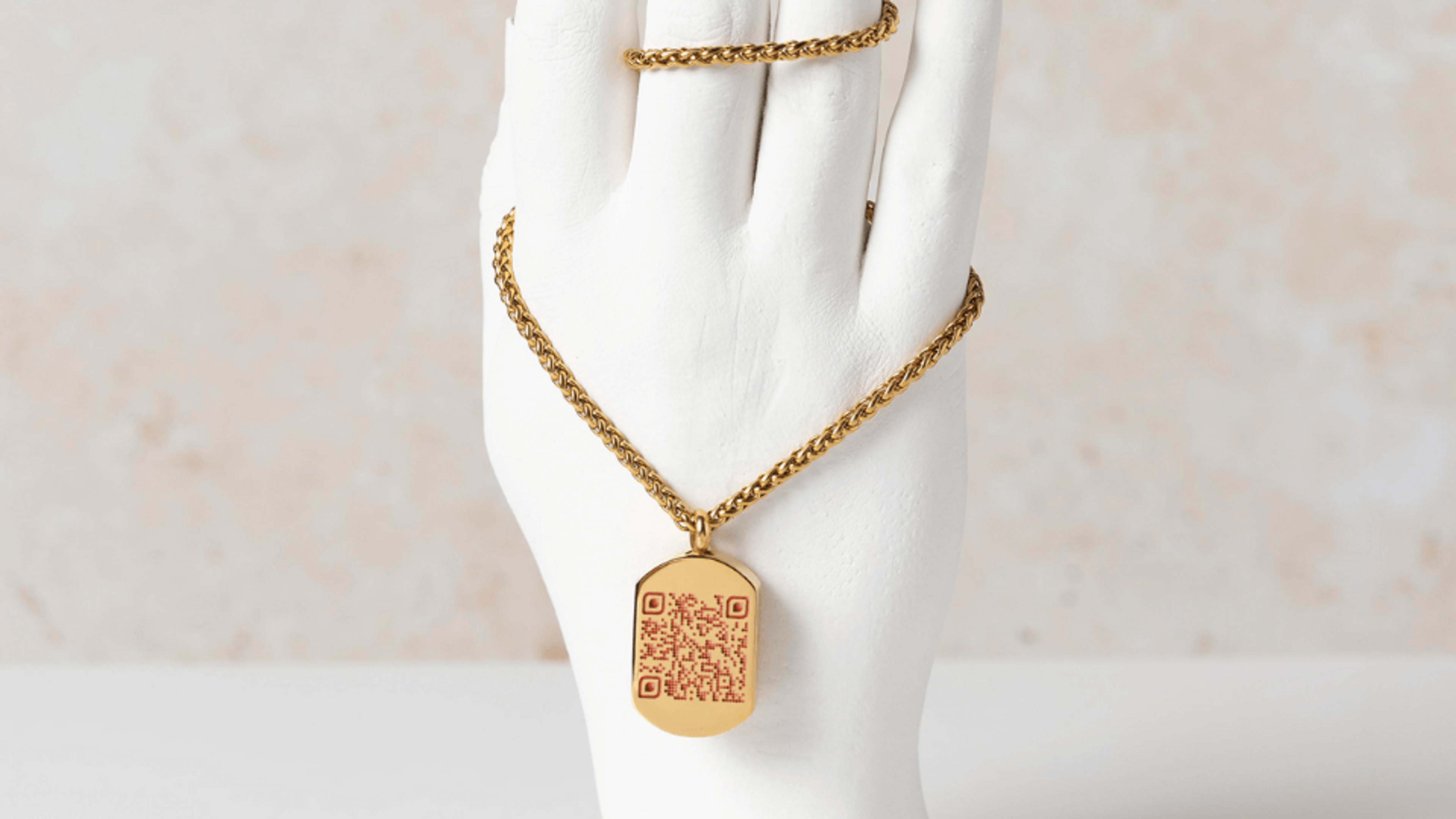 QR Code eye patterns on jewelry.