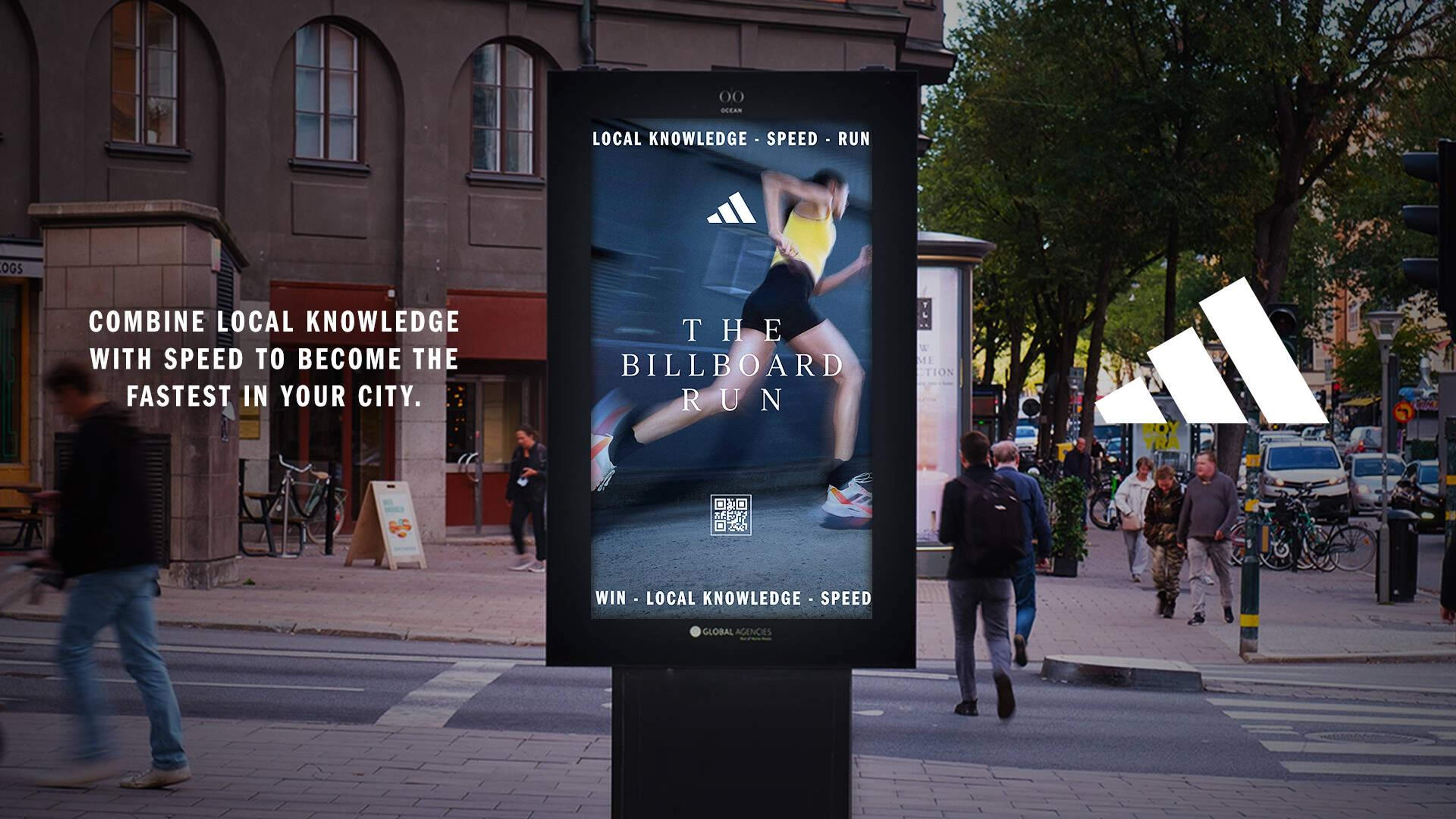 Adidas Billboard Run campaign with white QR codes on dark motion-heavy billboard creatives