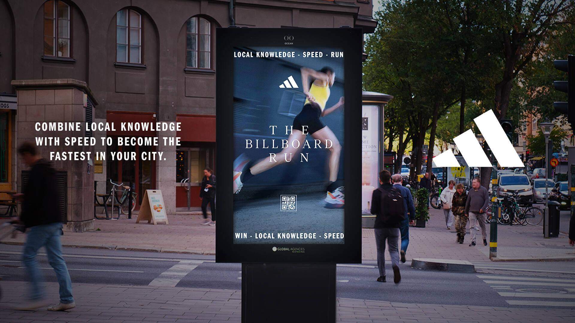 Adidas Billboard Run campaign with white QR codes on dark motion-heavy billboard creatives
