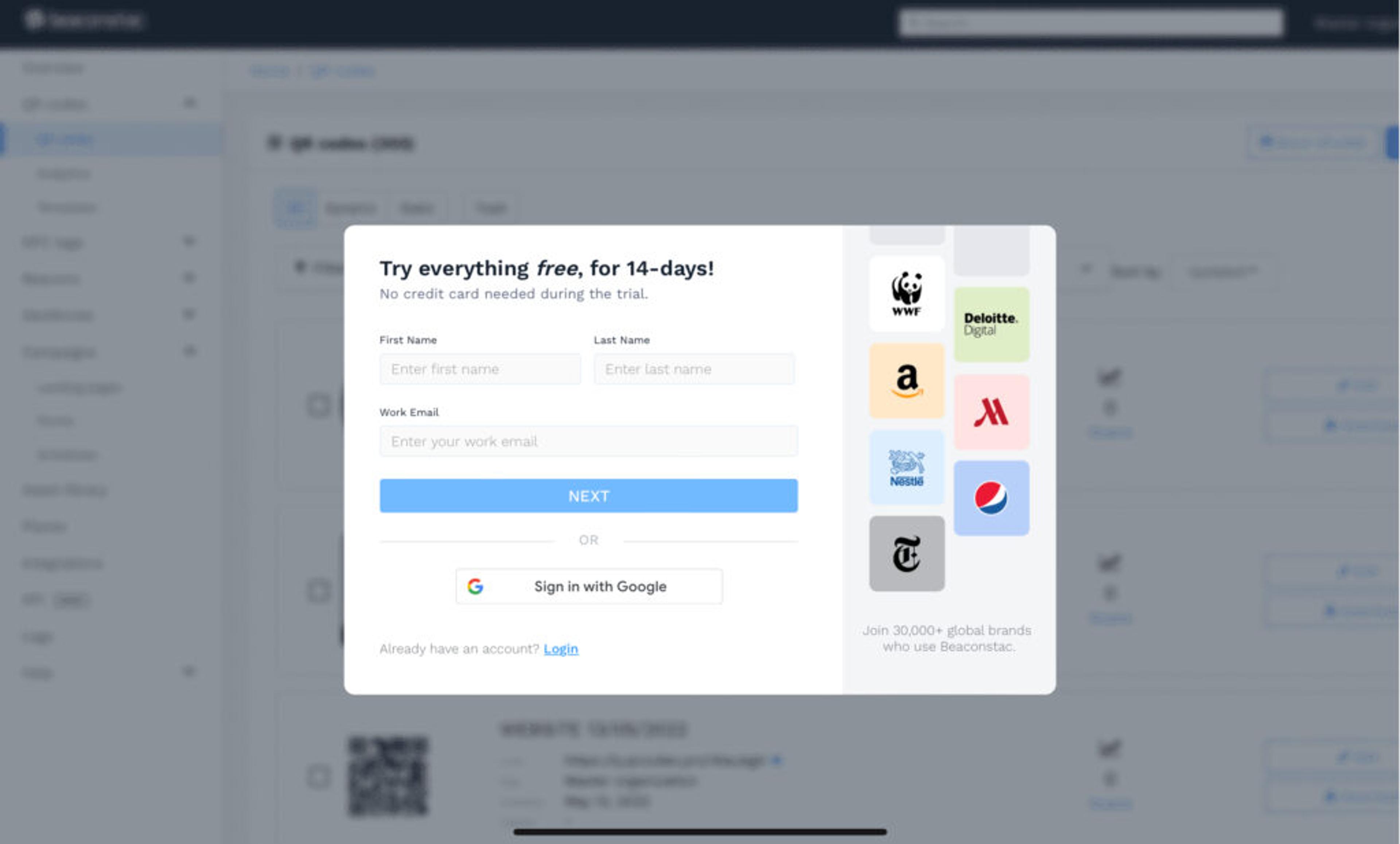 Sign up for a 14 day free trial with Uniqode