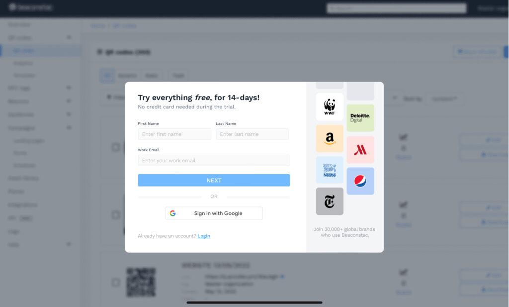 Sign up for a 14 day free trial with Uniqode