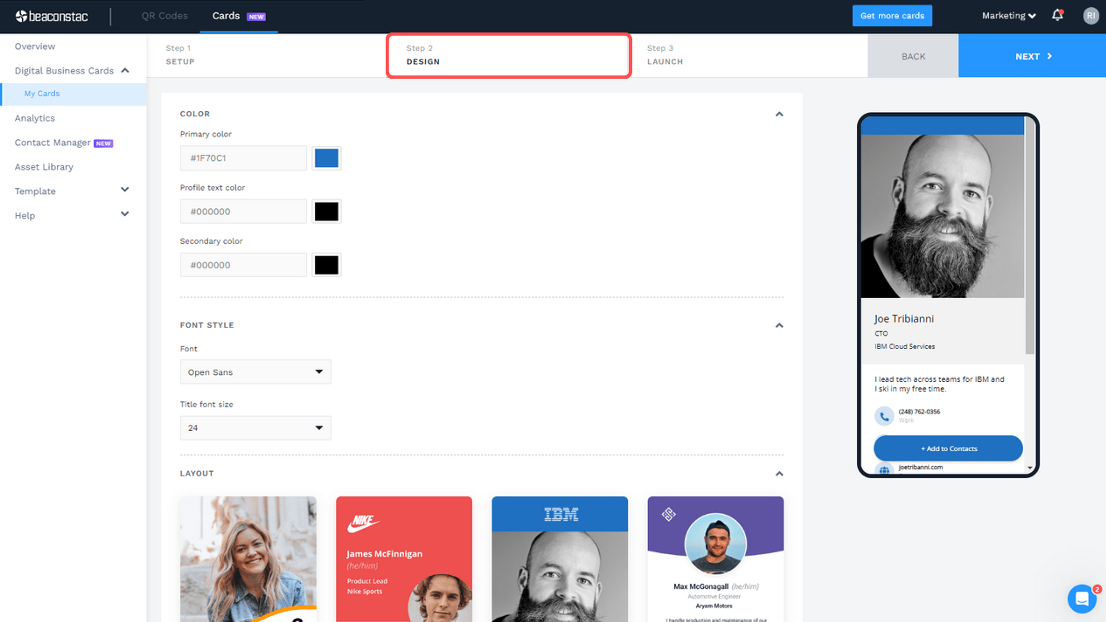 On the DESIGN tab, customize your card to match your branding guidelines