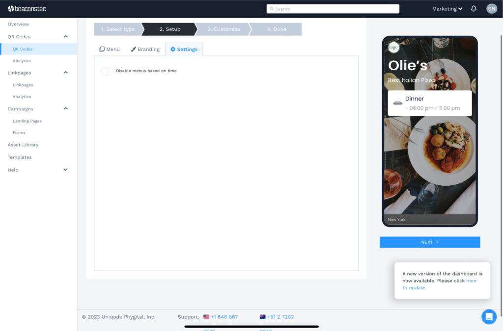 Toggle the display settings for the menu on the dashboard