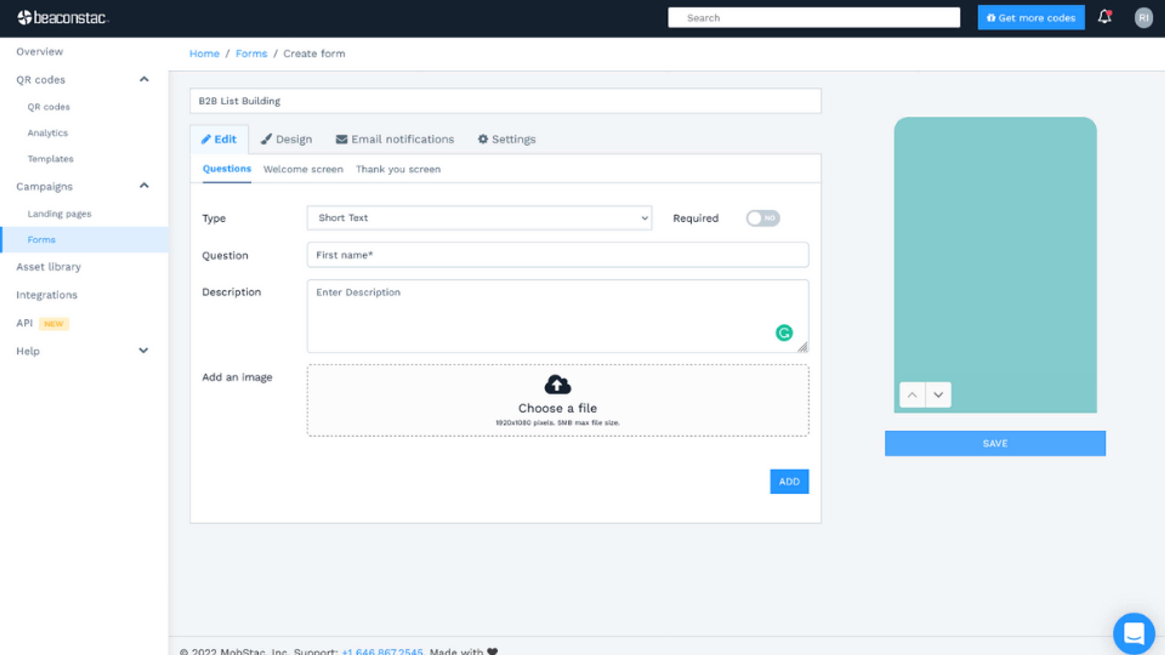 Setting up the QR Code registration form details