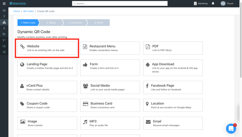 Selecting "Website" under the "Dynamic QR Code" section