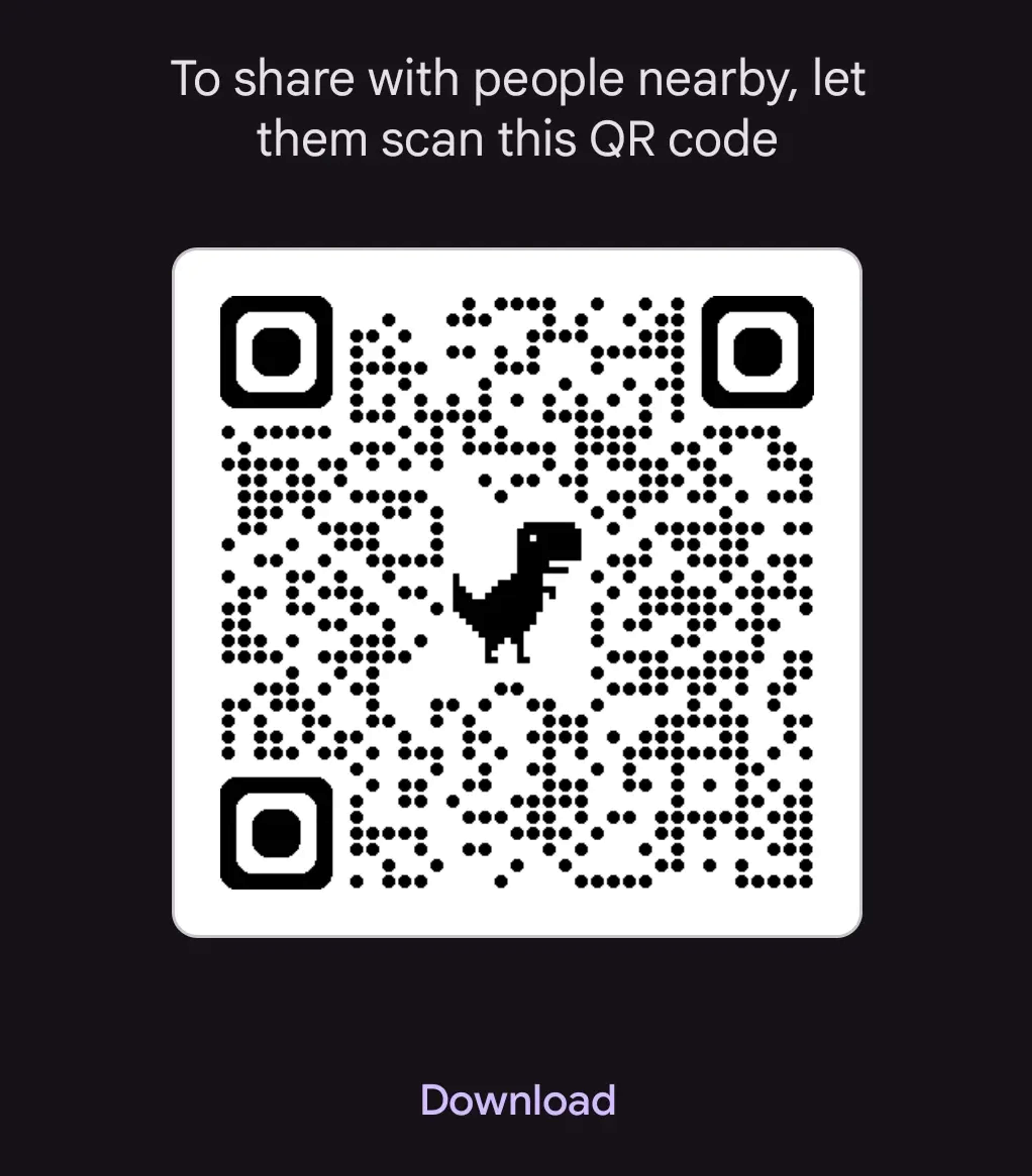 QR code displayed in Google Chrome mobile browser with a pixelated T-Rex dinosaur in the center.