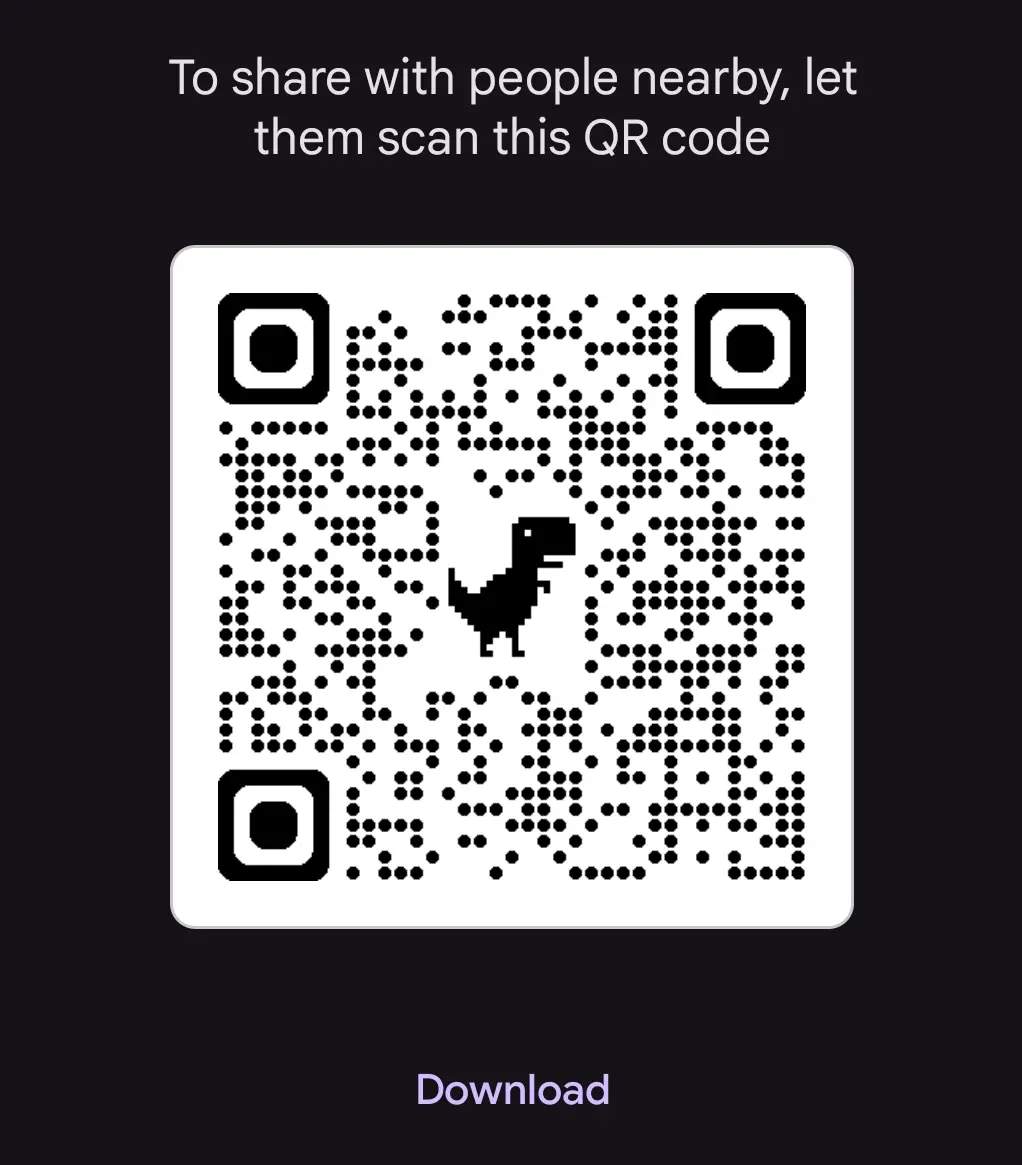 QR code displayed in Google Chrome mobile browser with a pixelated T-Rex dinosaur in the center.