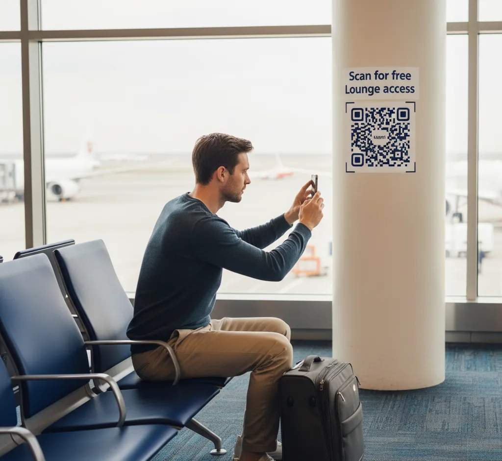 Traveller scanning QR code to get lounge access.