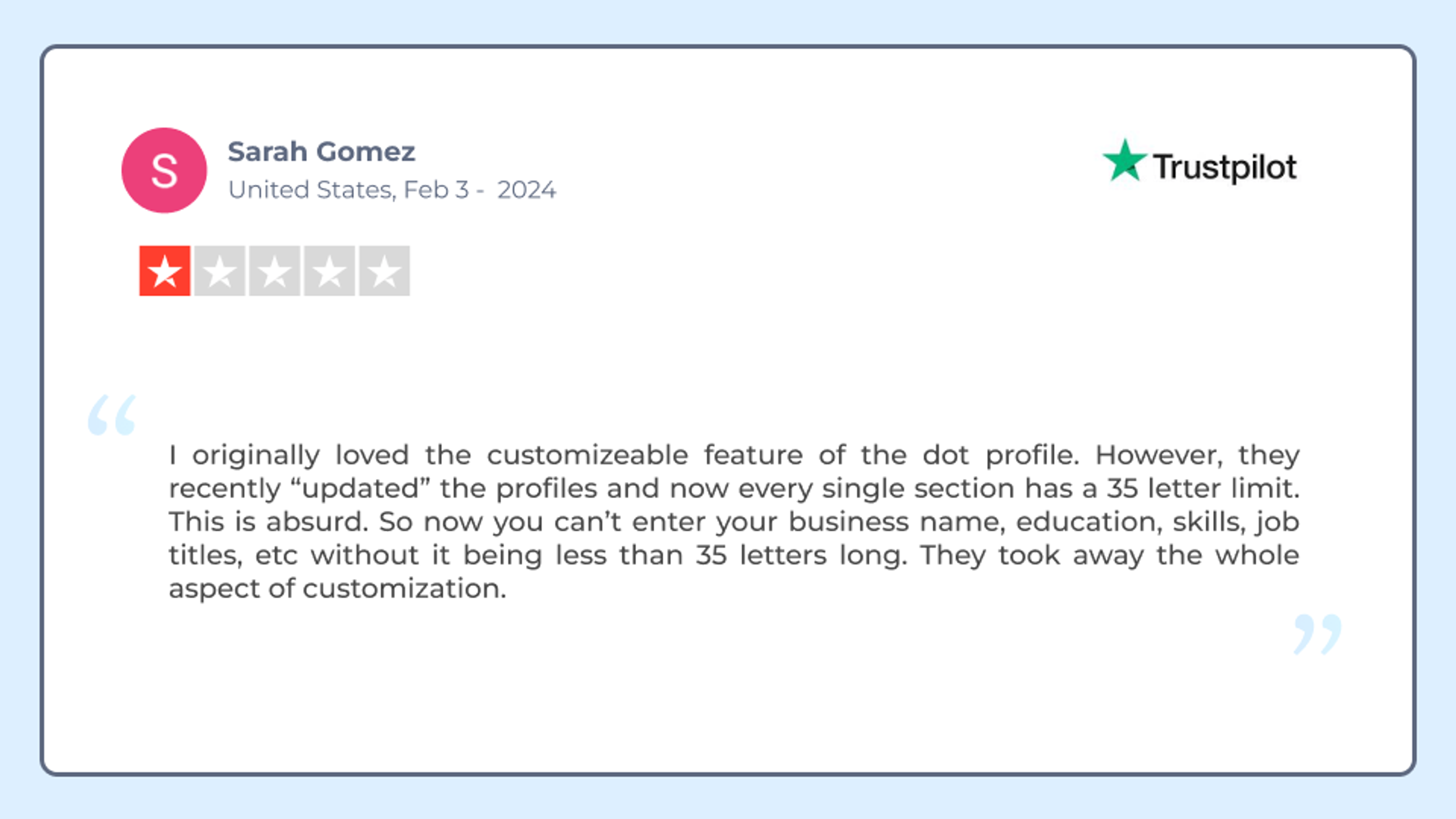 A user shares a negative review about customization with Dot cards 