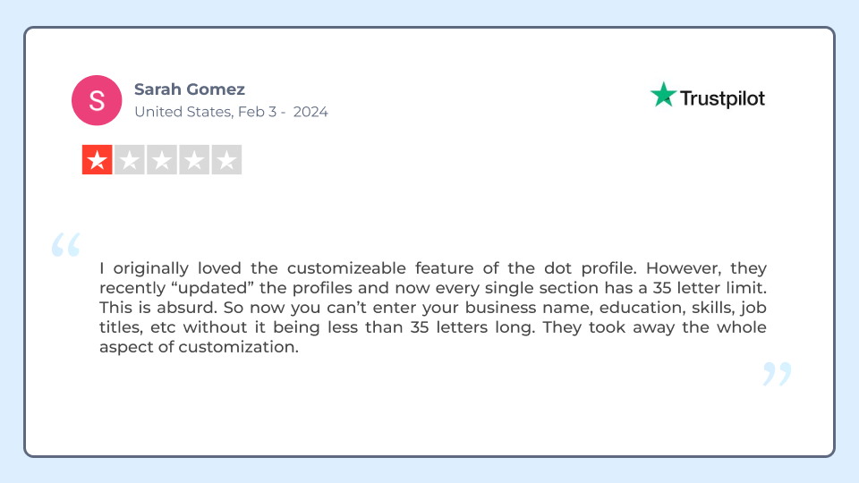 A user shares a negative review about customization with Dot cards