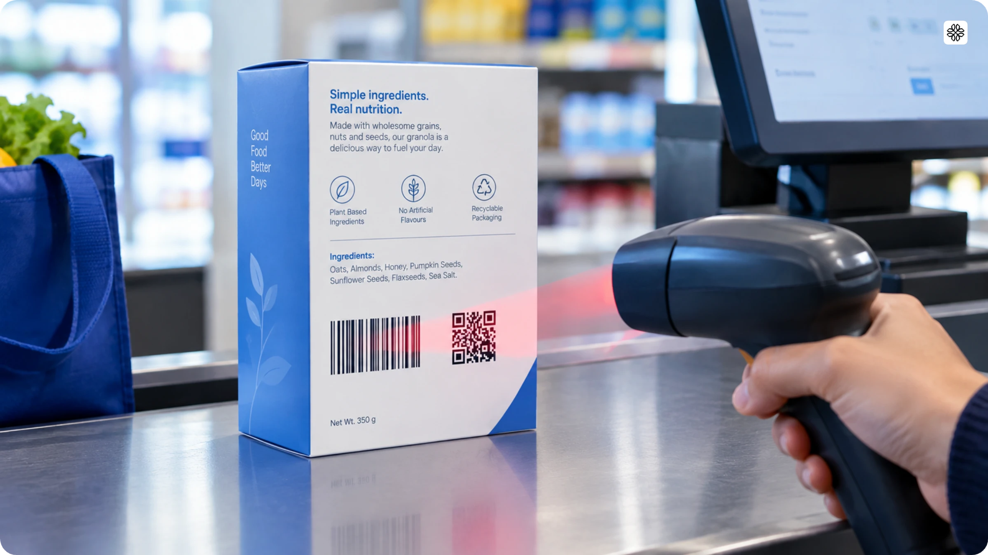 A UPC barcode and a 2D barcode printed side by side on the back of a product package, showing 1D vs 2D barcodes on pack.