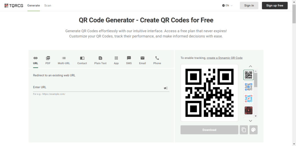 dashboard of the qr code generator