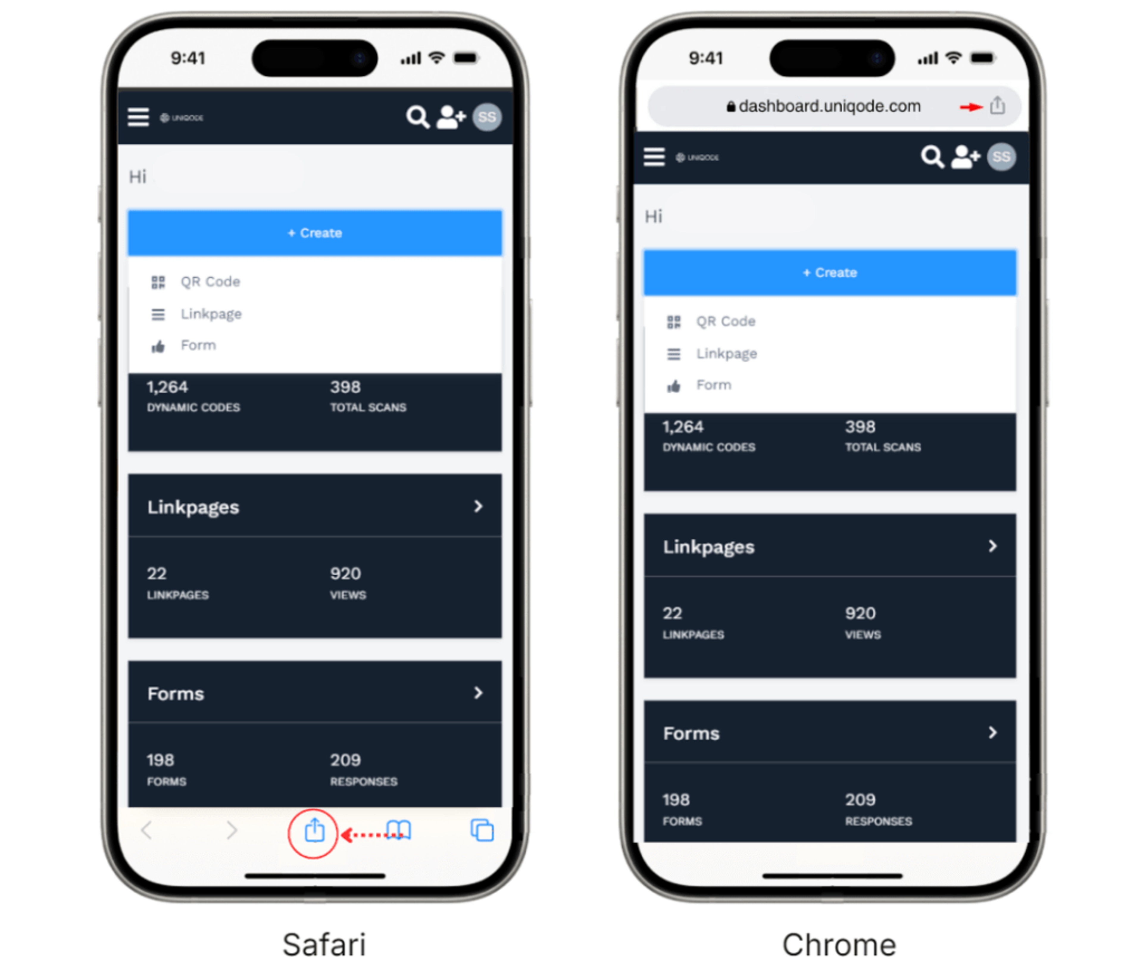 Share button on the iPhone browsers