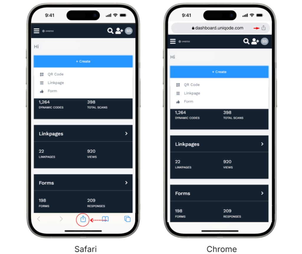 Share button on the iPhone browsers