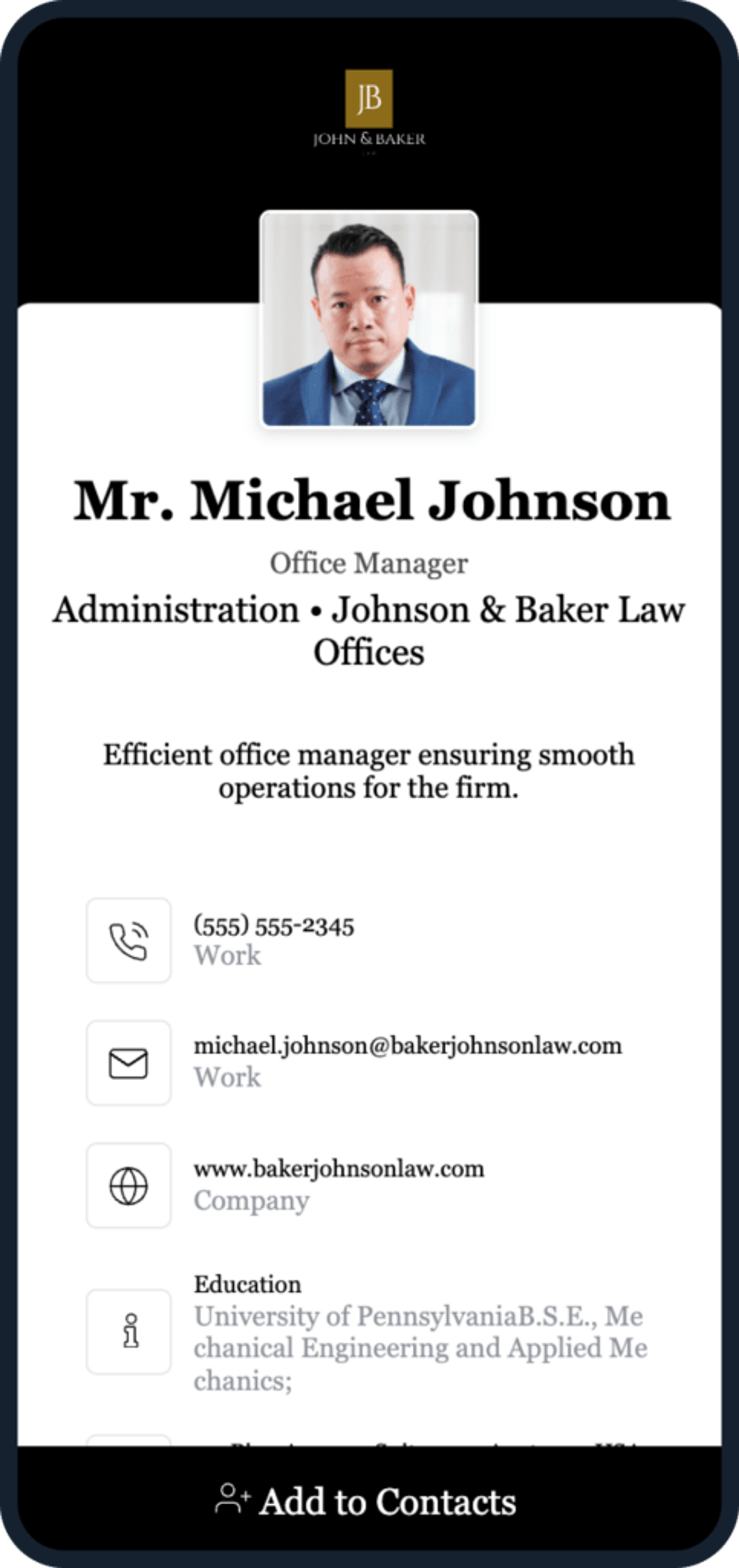 Template for digital business cards for lawyers