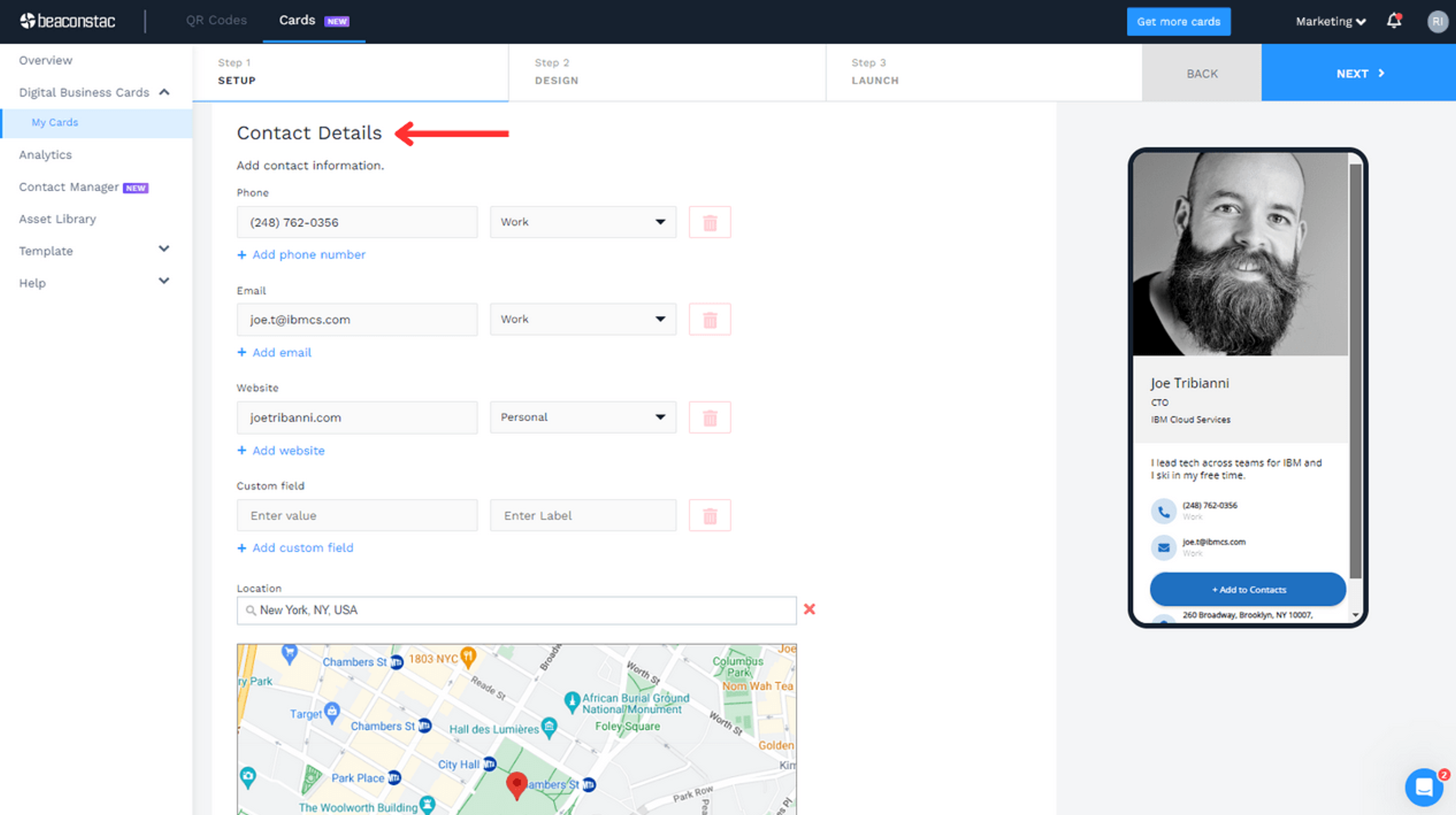 Add your contact details—phone numbers, web URLs, Google Maps location, etc