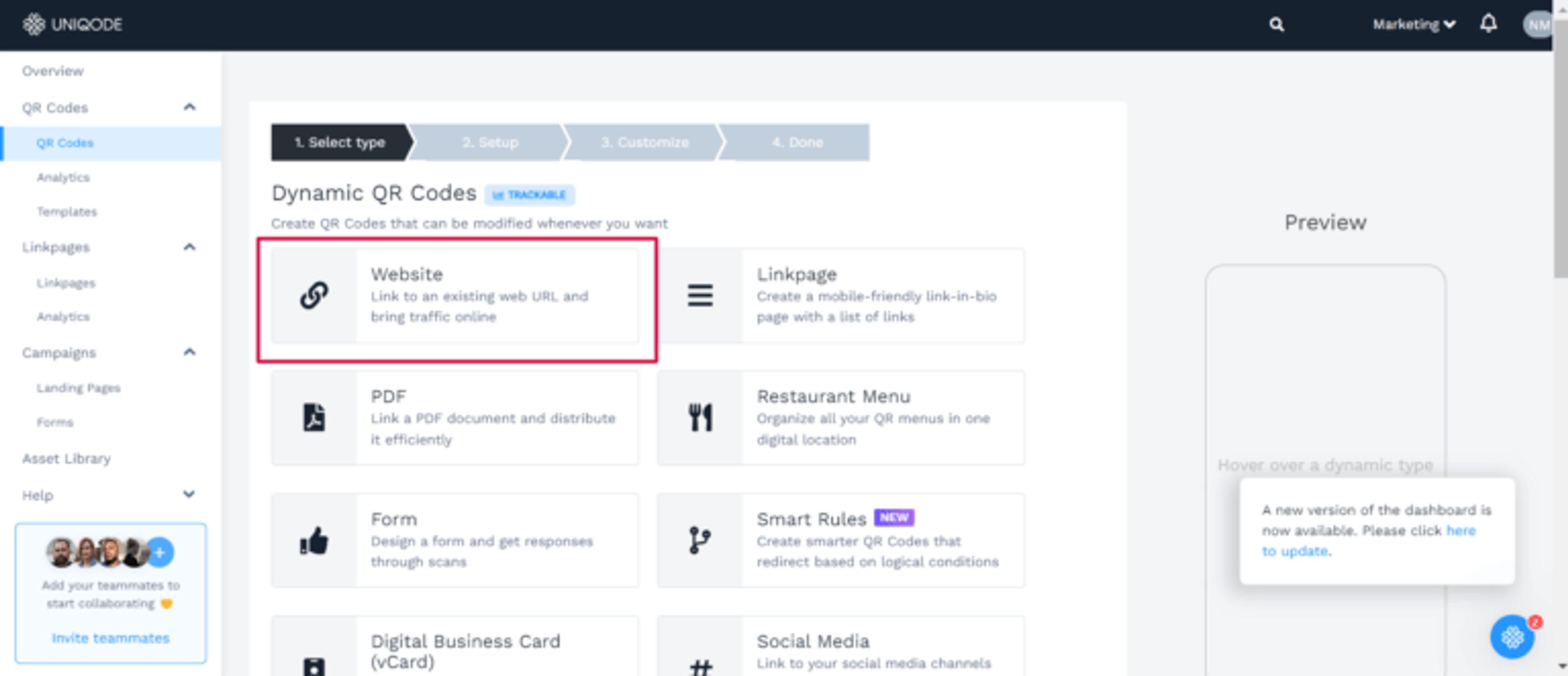 Choose Website as QR Code type