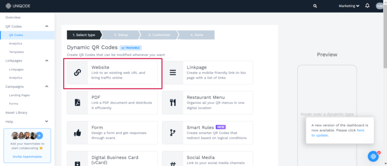 Choose Website as QR Code type