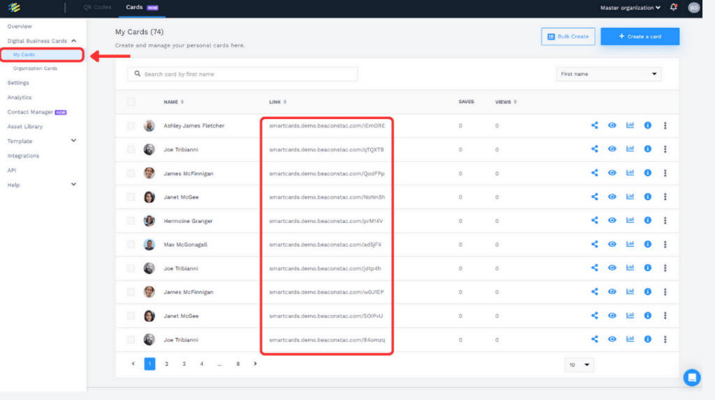 access URLs for multiple digital business cards