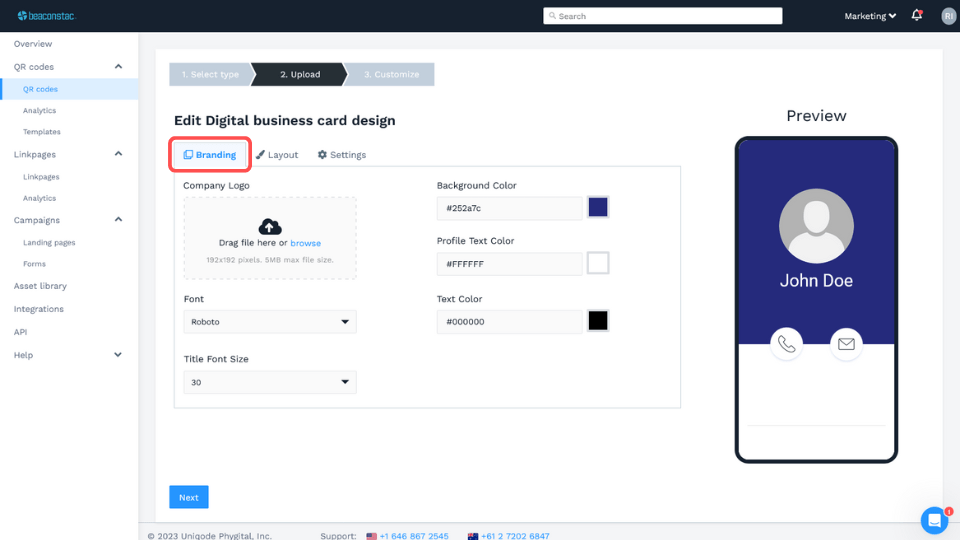 customize the look and feel of your virtual business cards
