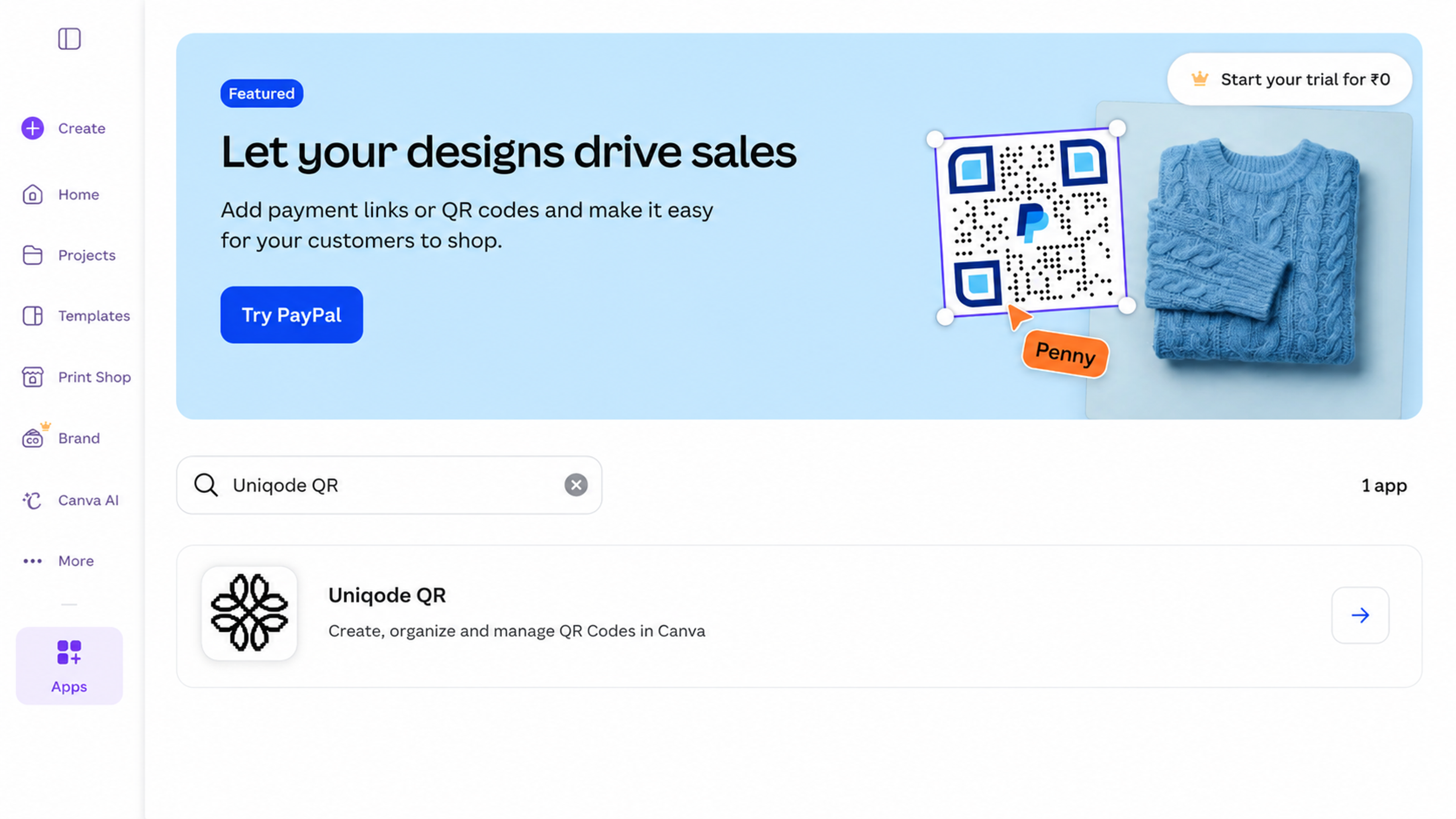 Connect to Uniqode QR app in Canva apps