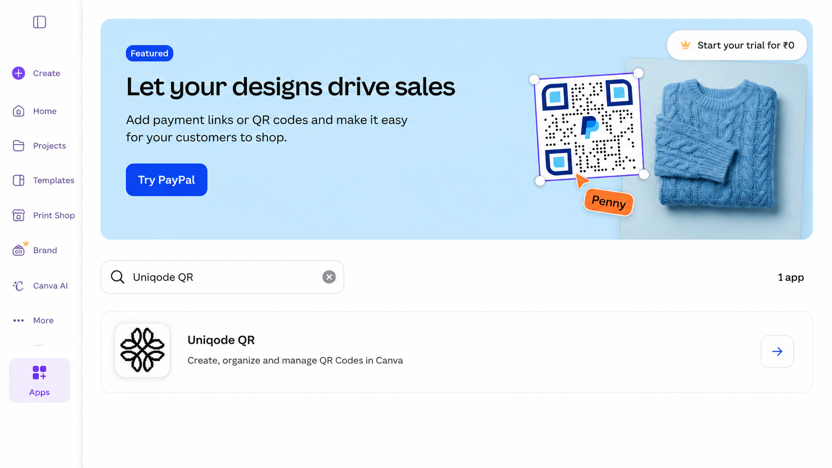 Connect to Uniqode QR app in Canva apps