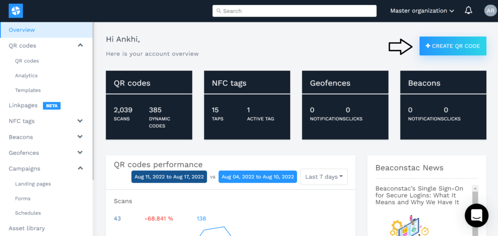 Select Create QR Code in Beaconstac Dashboard
