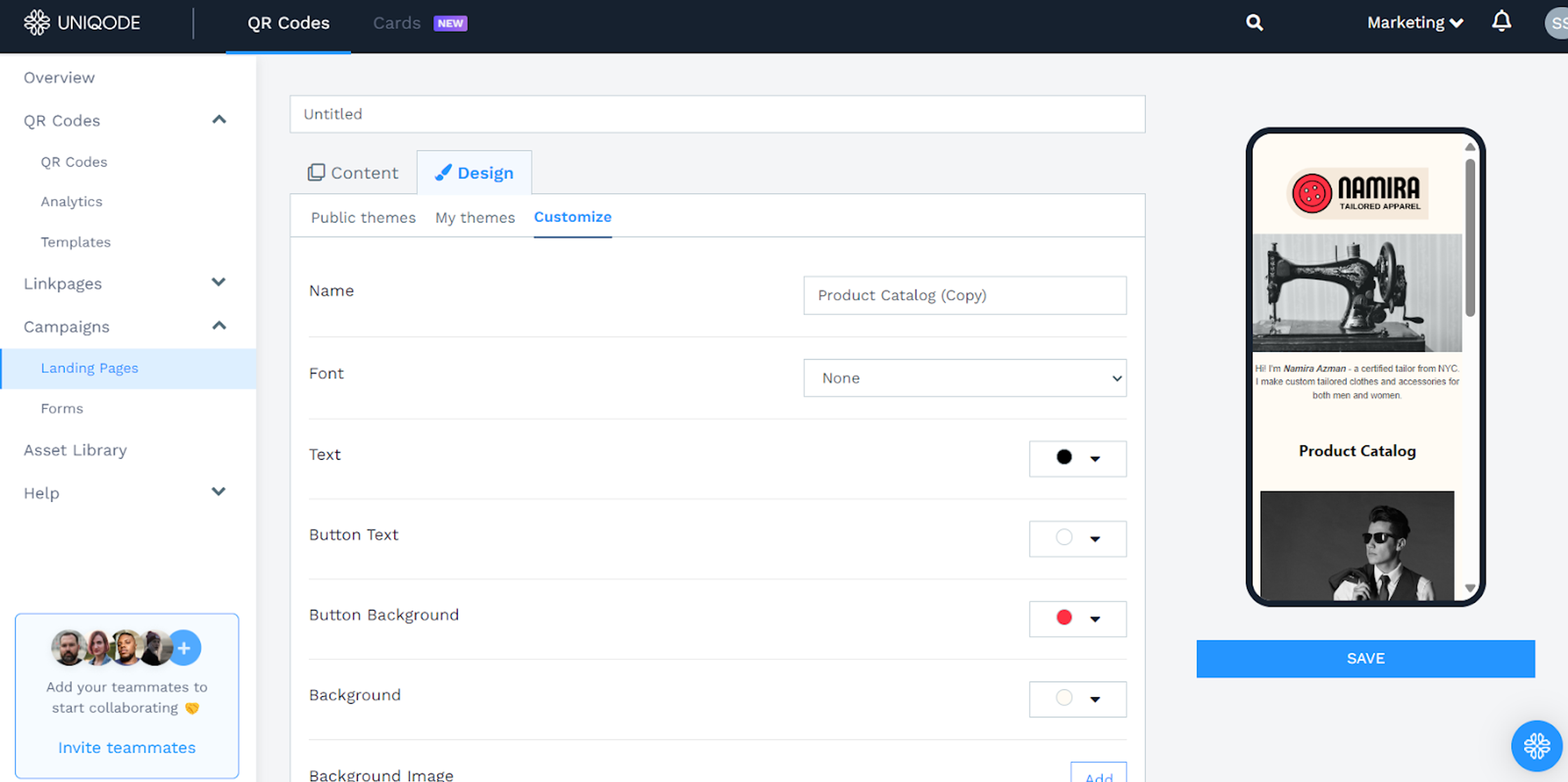 Customize landing page design
