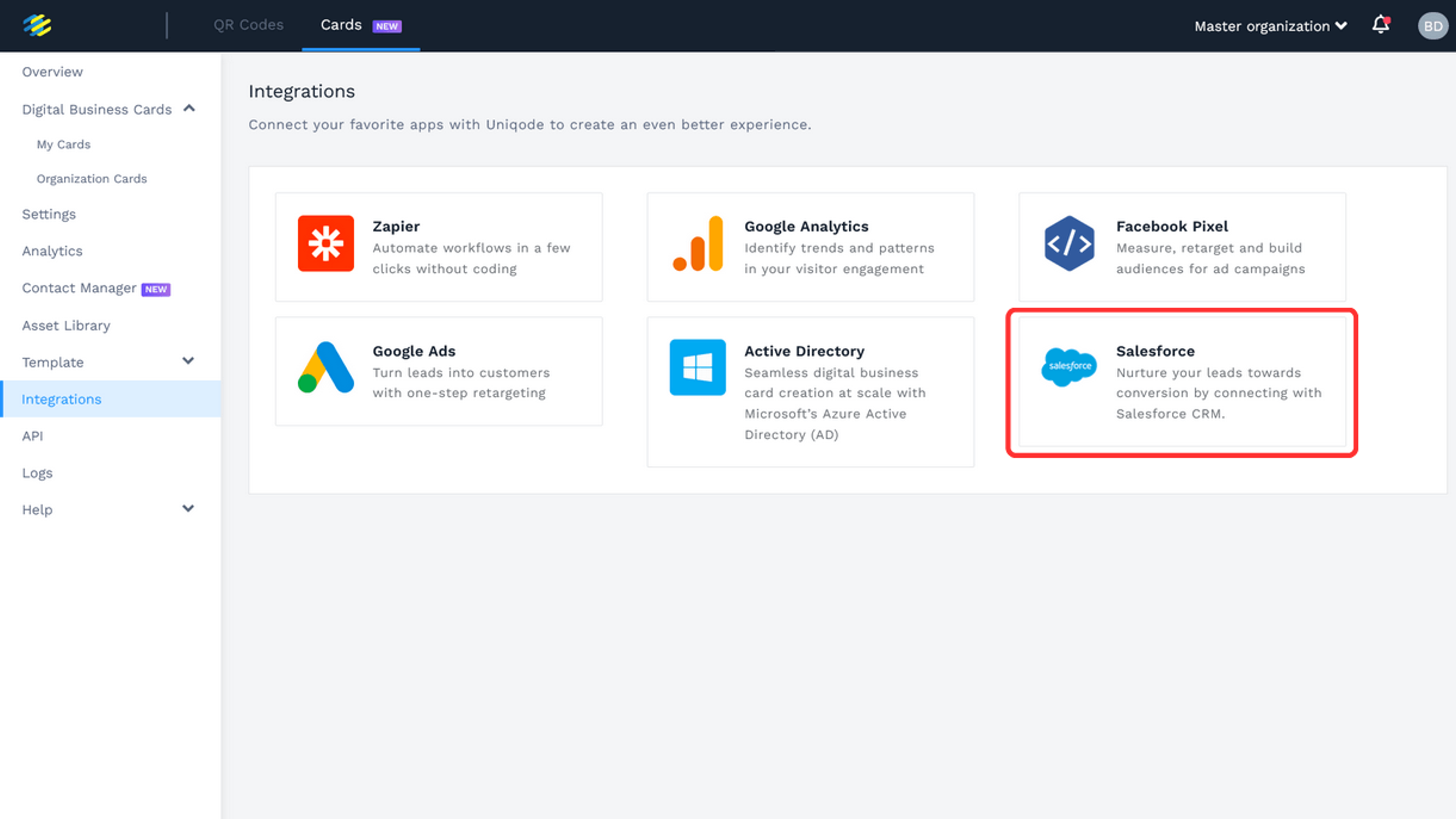 Choose Salesforce then copy the Callback URL