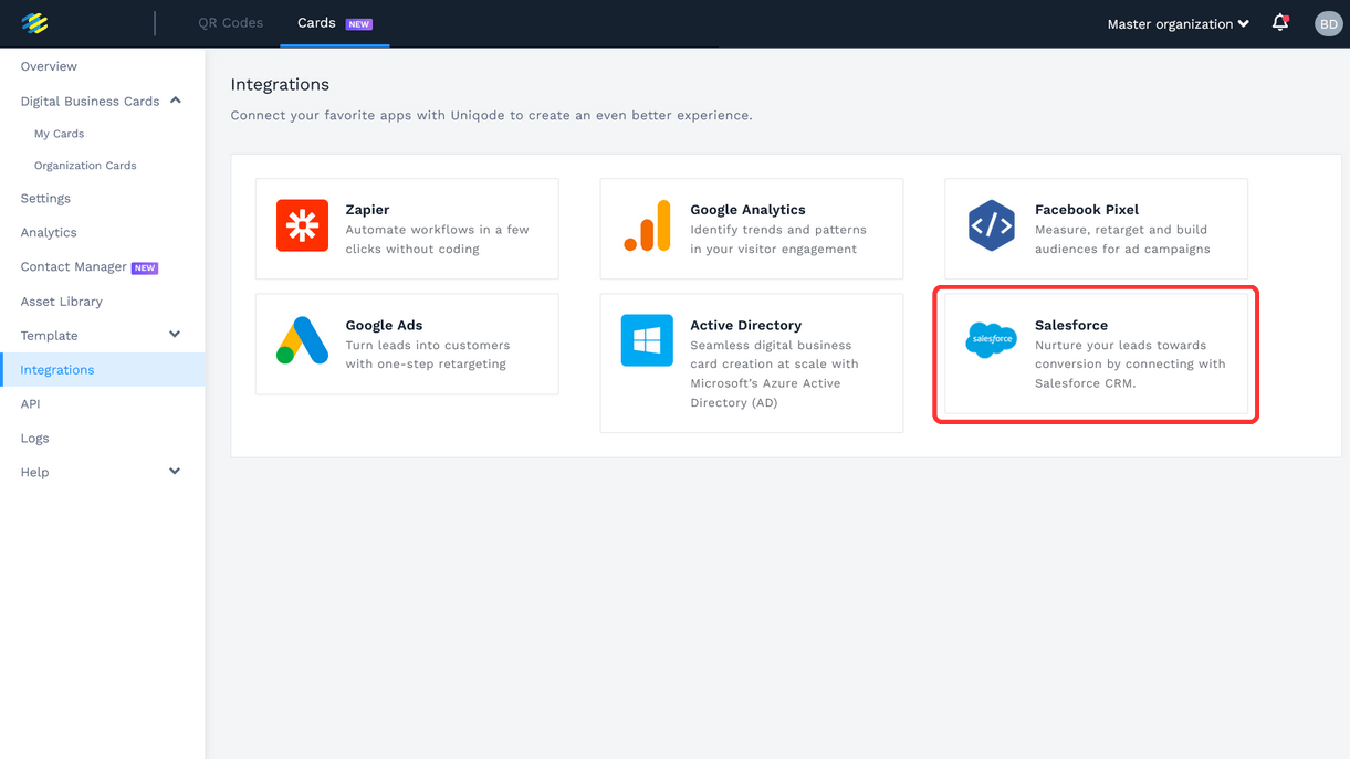 Choose Salesforce then copy the Callback URL