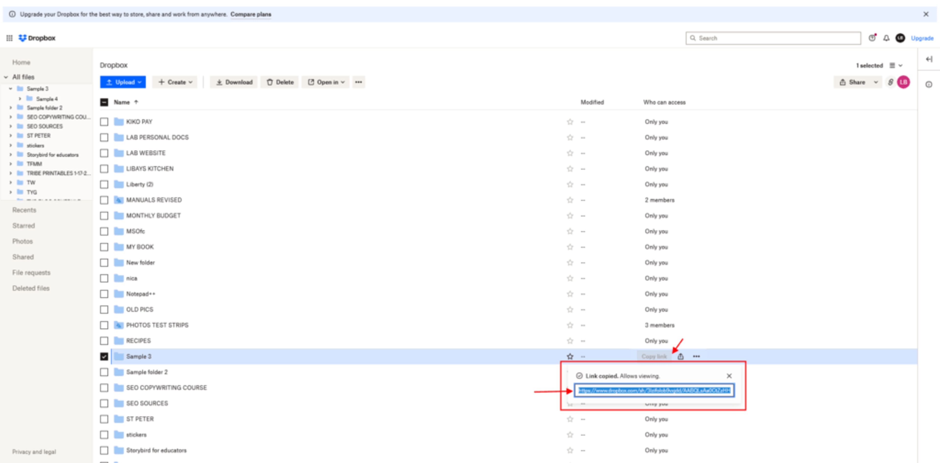 Step1: Get the Dropbox link of the file to create URL code for Dropbox