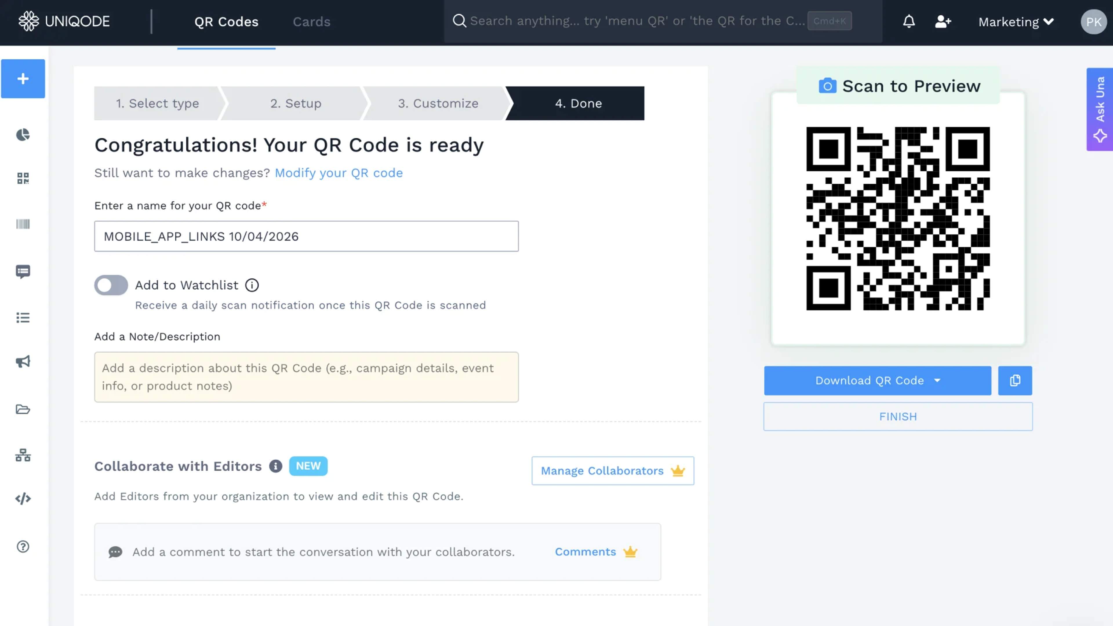 Google Chrome QR Code final preview and download screen in Uniqode dashboard.