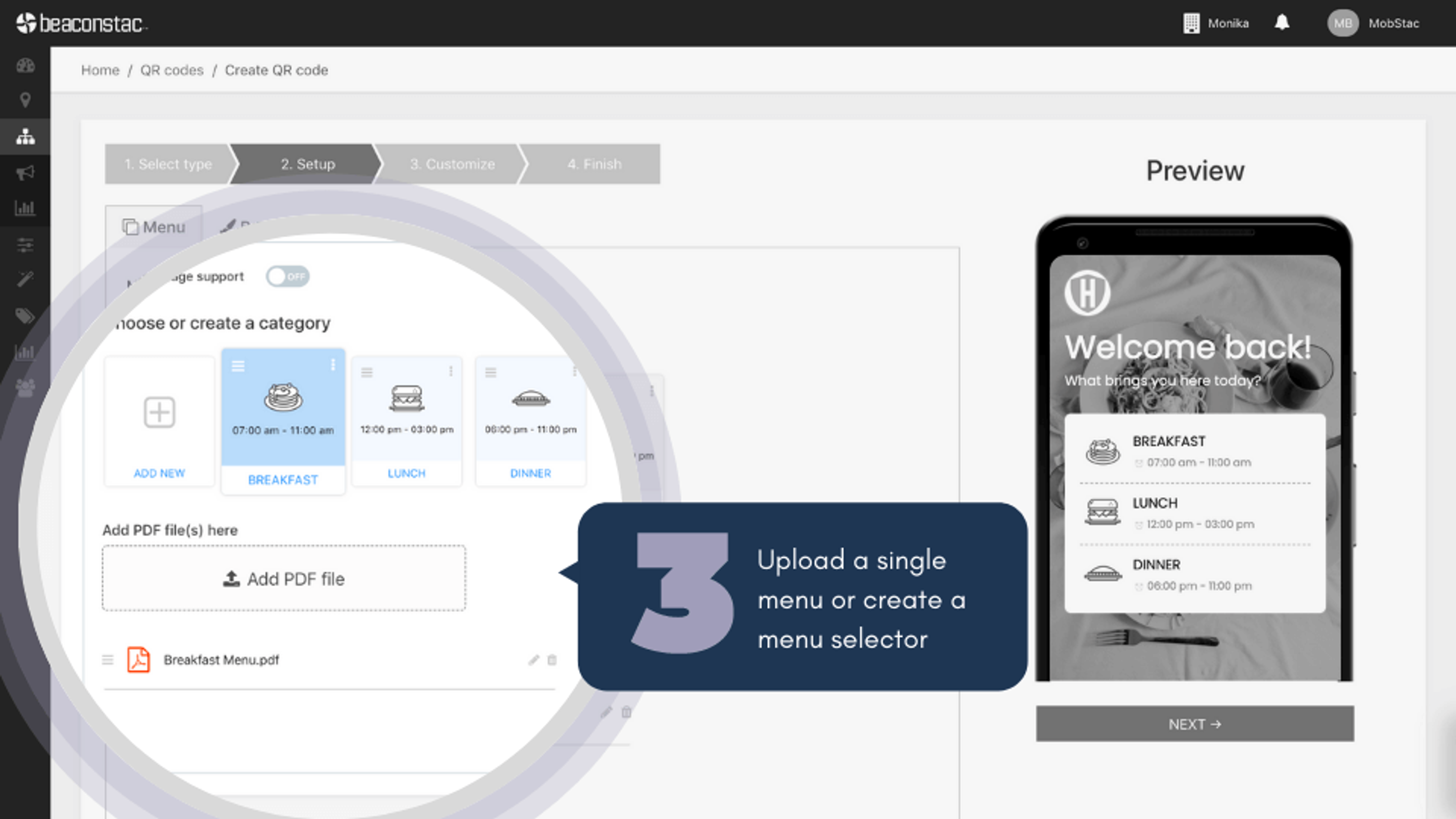 Upload single or multiple menus to a QR Code