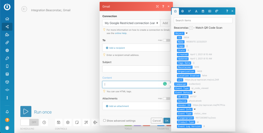 Uniqode offers multiple fields to add into your automated email in Integromat