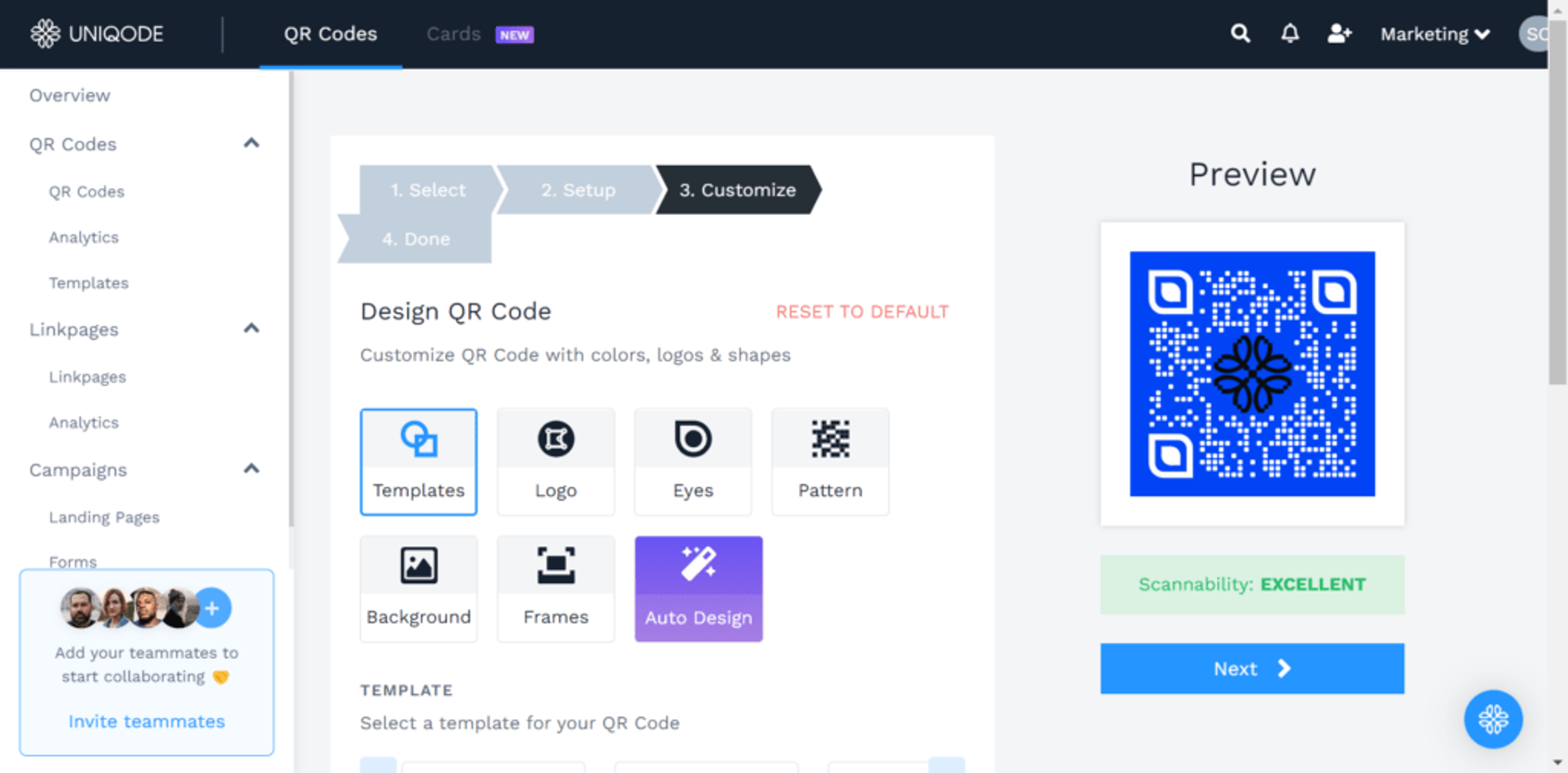 qr code customization in uniqode dashboard