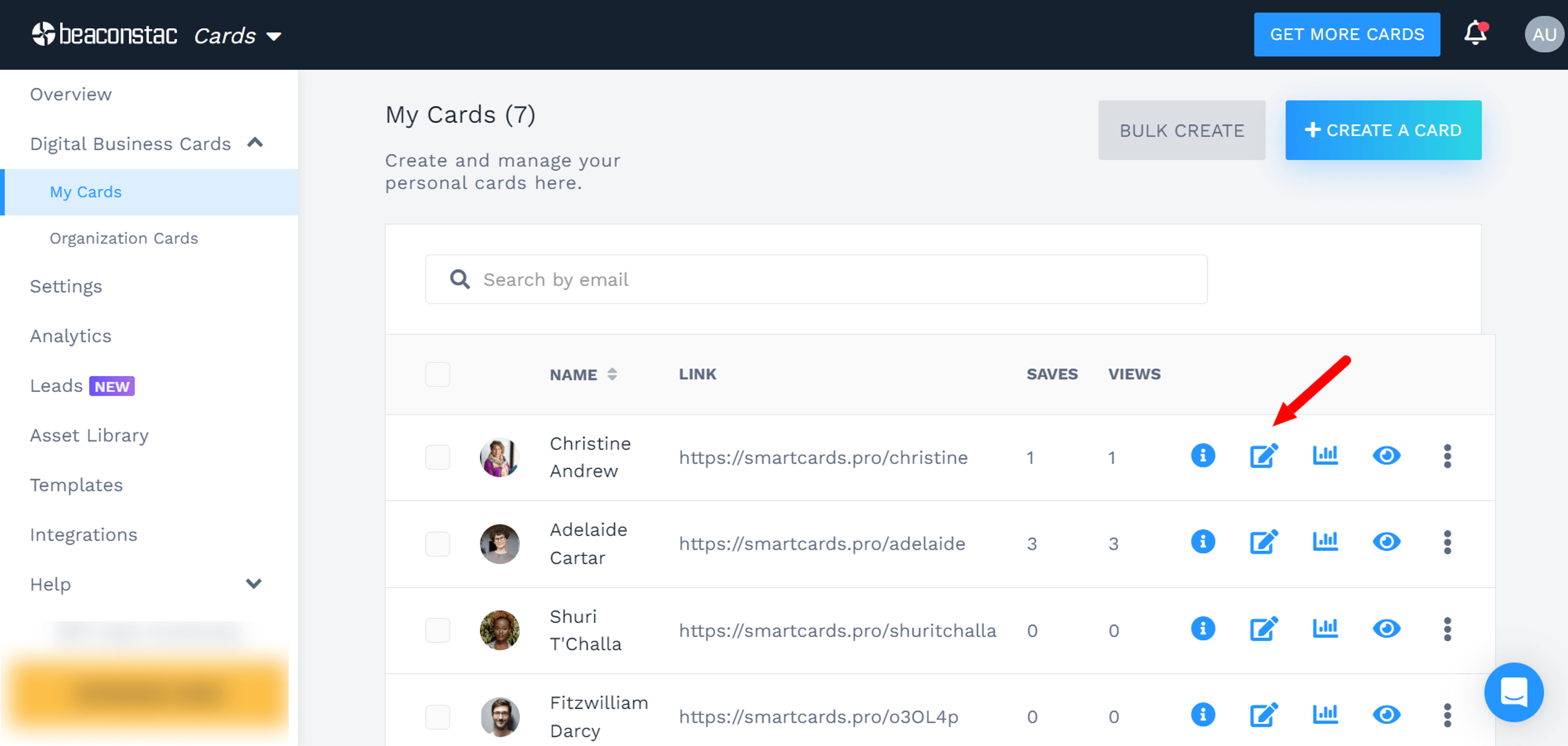 Choose the digital business card you want to update