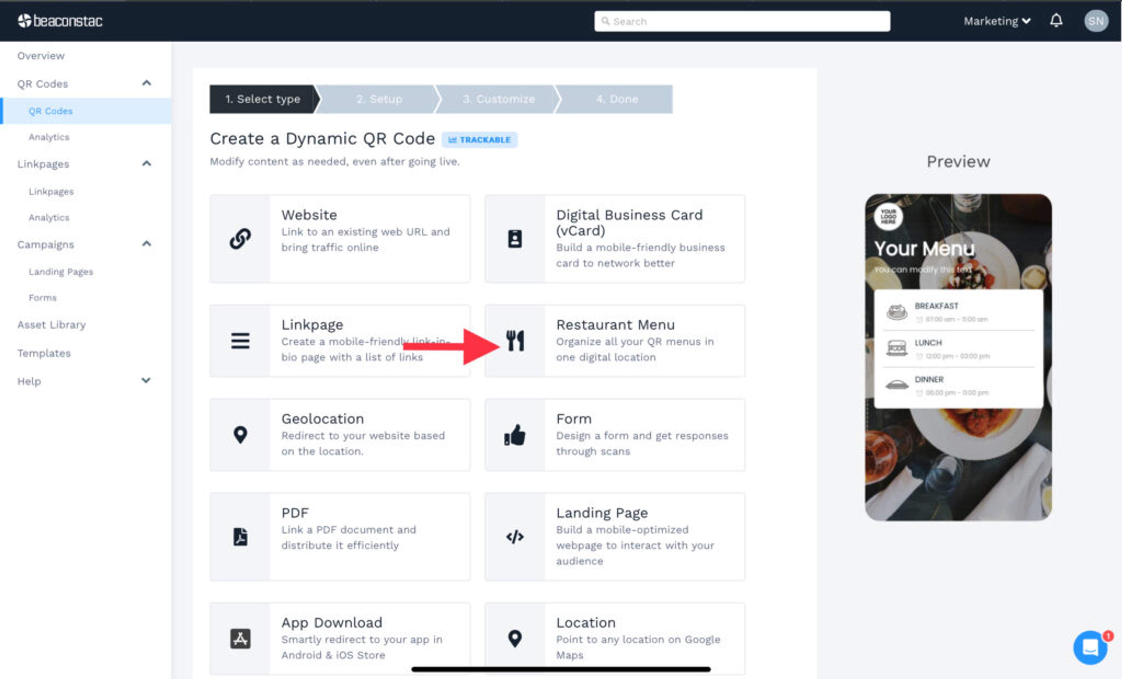 Choose "restaurant menu" as the campaign