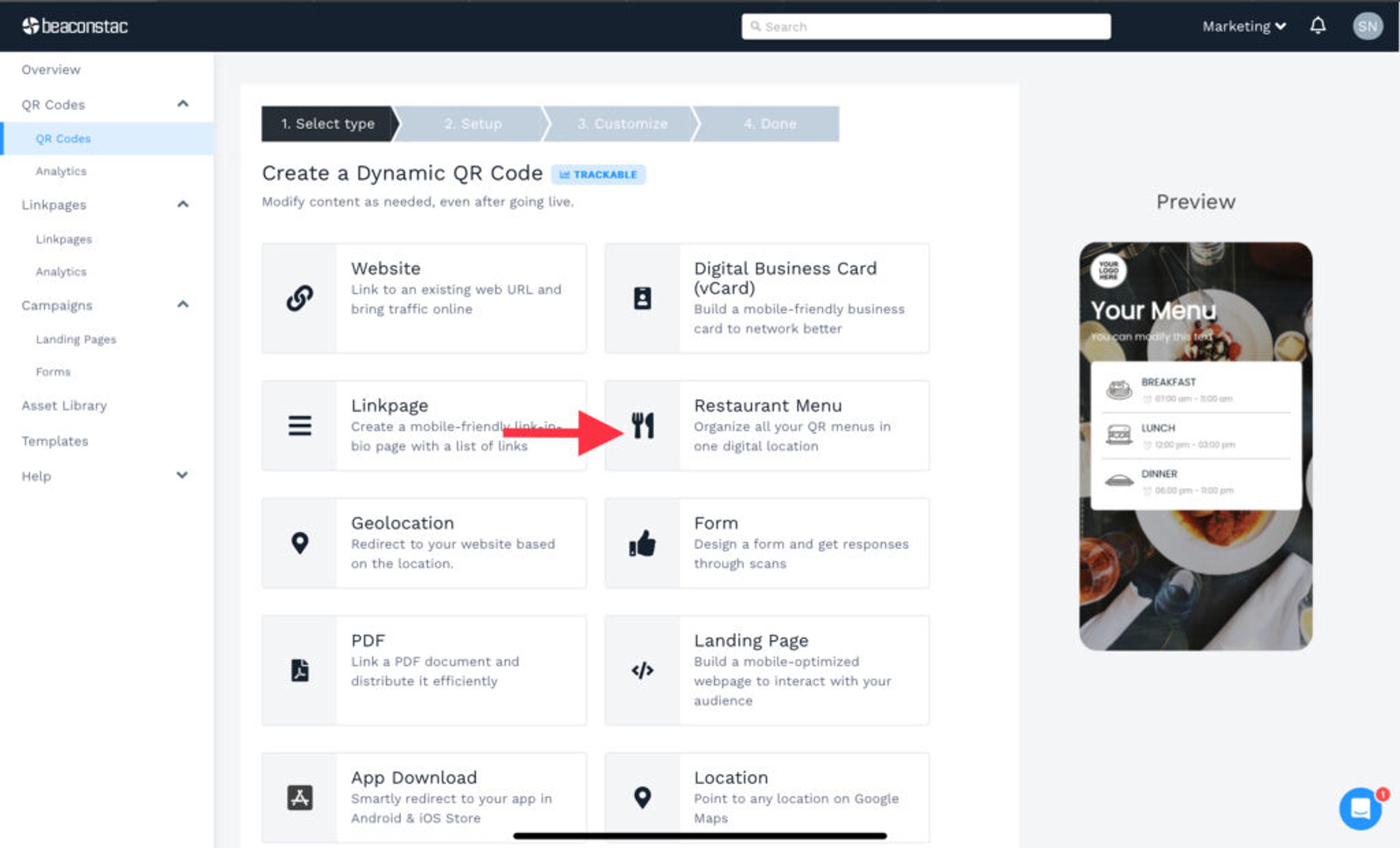 Choose "restaurant menu" as the campaign